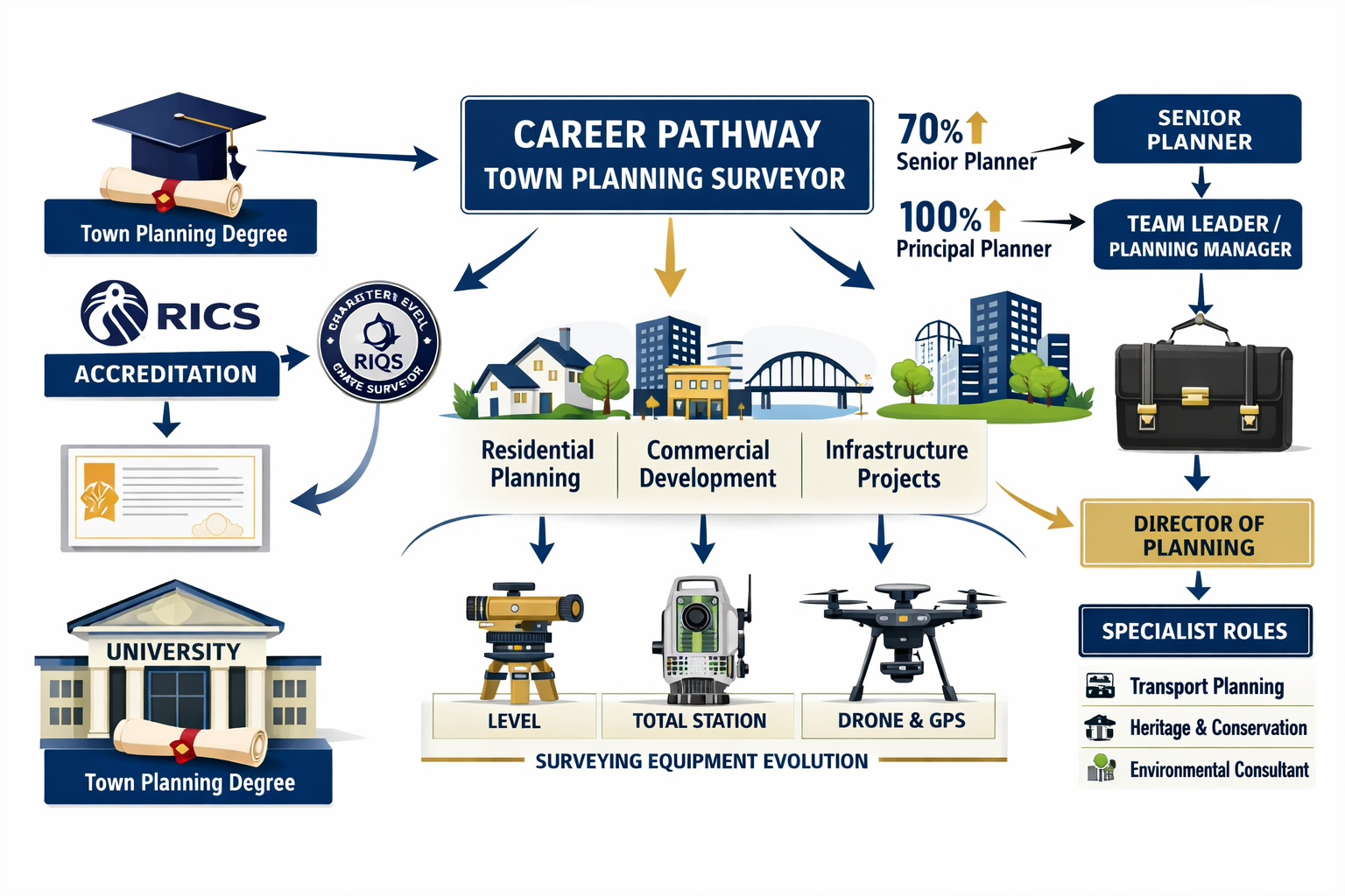 Comprehensive landscape diagram (1536x1024) illustrating the career pathway and qualifications required for town planning surveyors. Visual