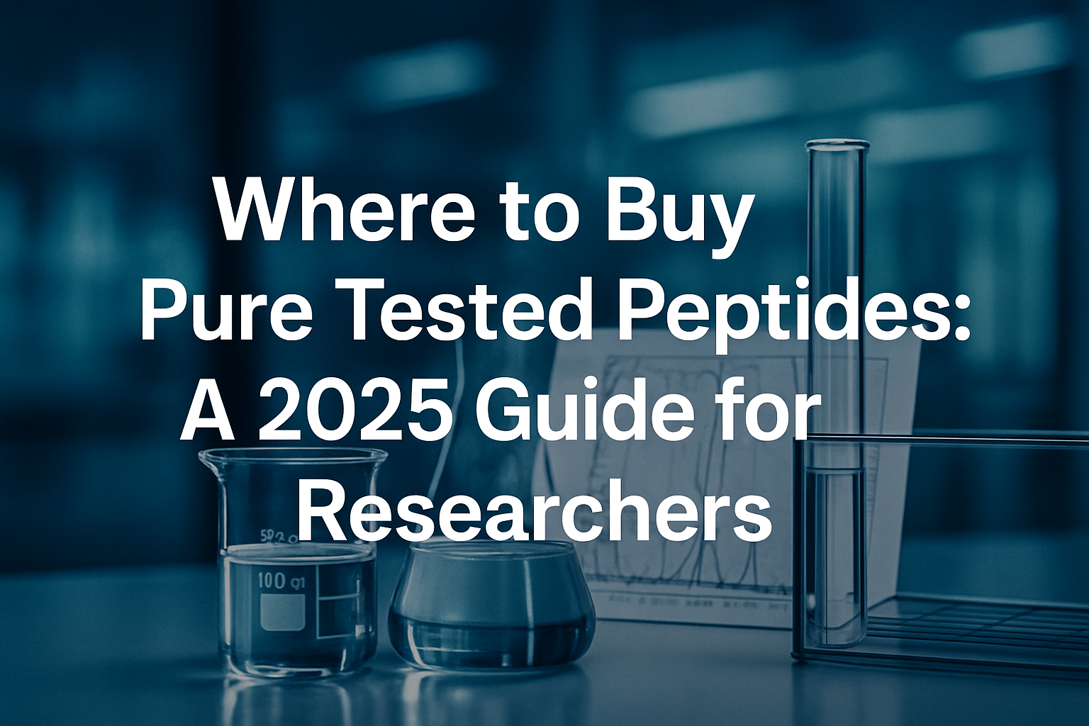 Professional landscape hero image (1536x1024) with bold text overlay: 'Where to Buy Pure Tested Peptides: A 2025 Guide for Researchers', mod