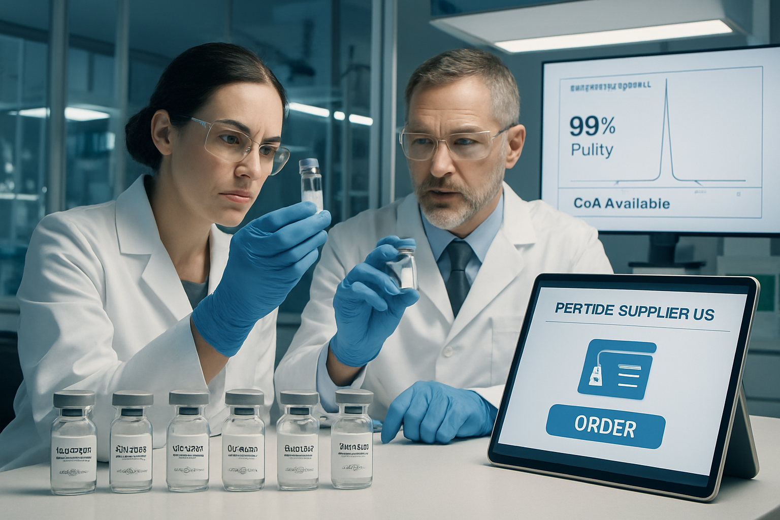 A detailed editorial-style image showing a highly advanced laboratory setting, with scientists in lab coats examining vials of peptides unde