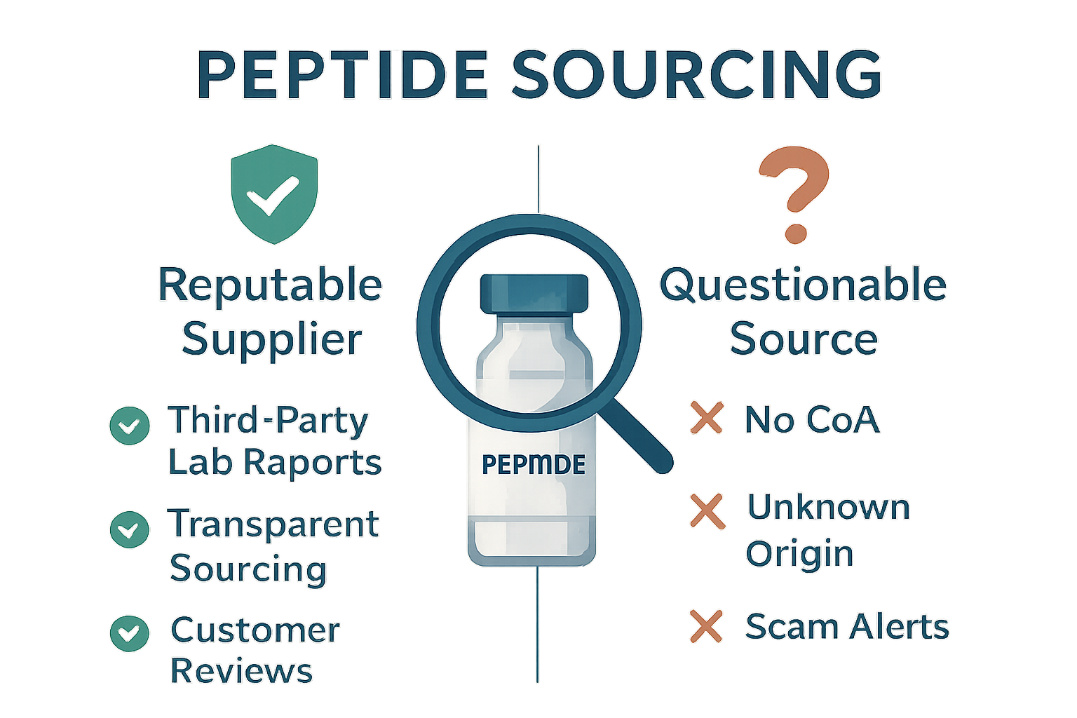 An infographic-style image comparing different peptide sourcing options. On one side, a 'Reputable Supplier' column displays a shield icon, 