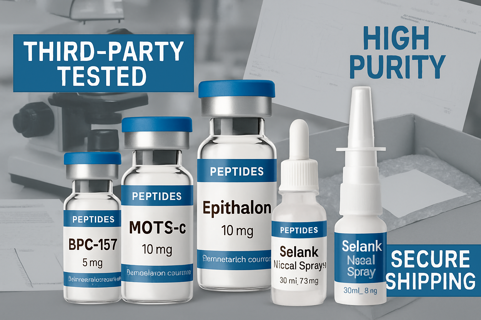 A visually engaging collage featuring a diverse range of peptide products from a trusted supplier. Prominently displayed are vials of specif