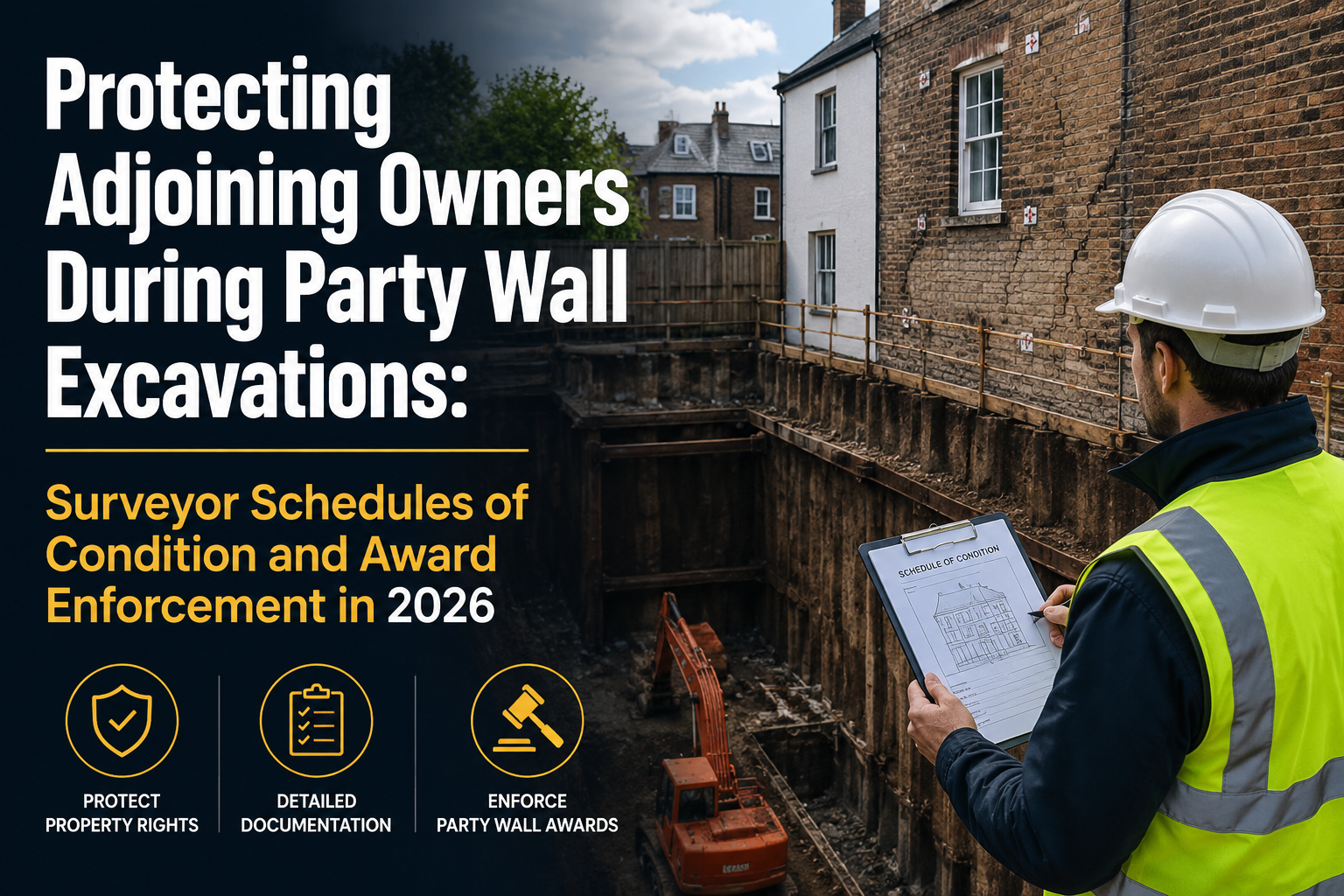 Professional landscape hero image () with : "Protecting Adjoining Owners During Party Wall Excavations: Surveyor Schedules
