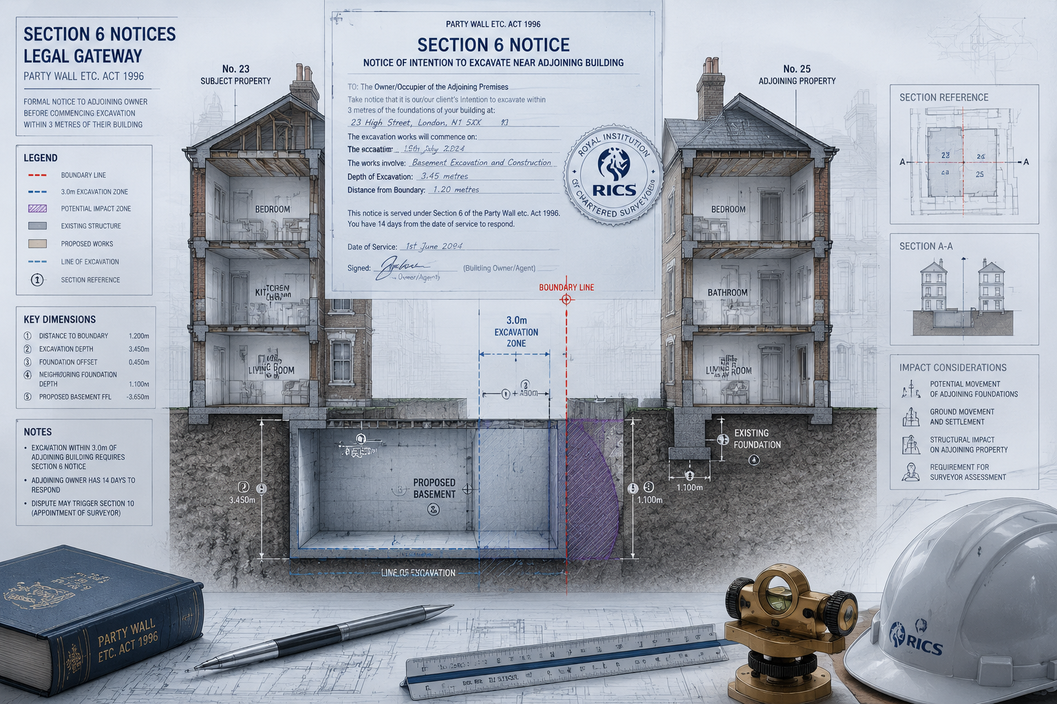 Technical architectural illustration depicting Section 6 Notices legal gateway, showing cutaway cross-section of adjoining