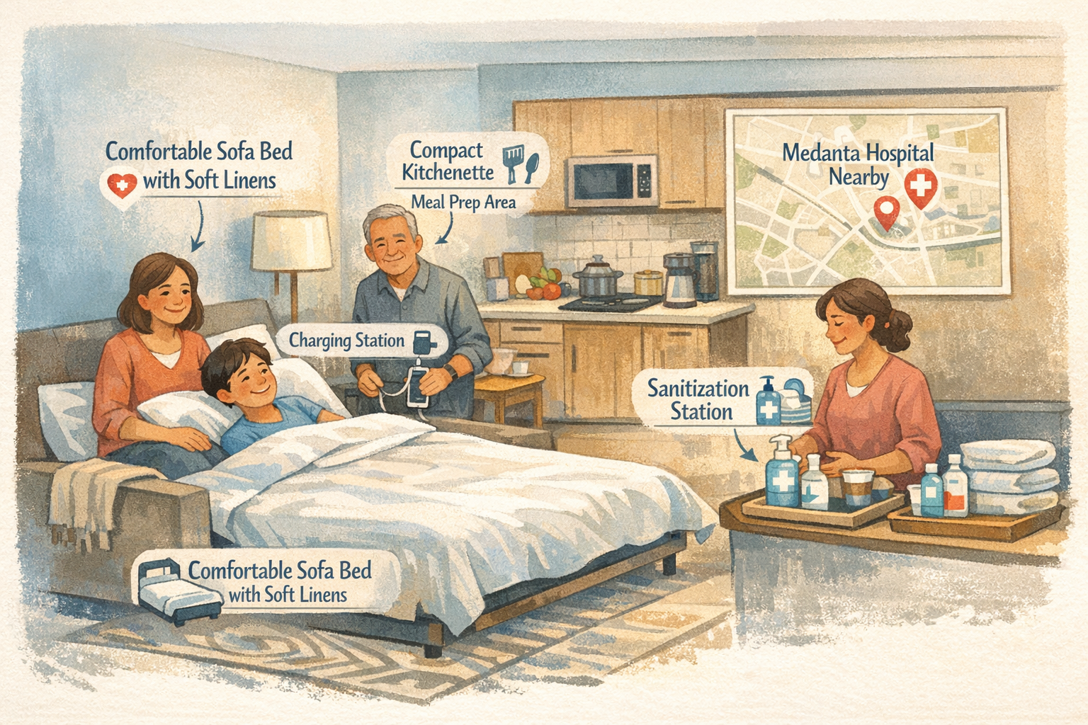 A warm, compassionate editorial-style illustration showcasing an inviting Airbnb living room near Medanta Hospital, with key