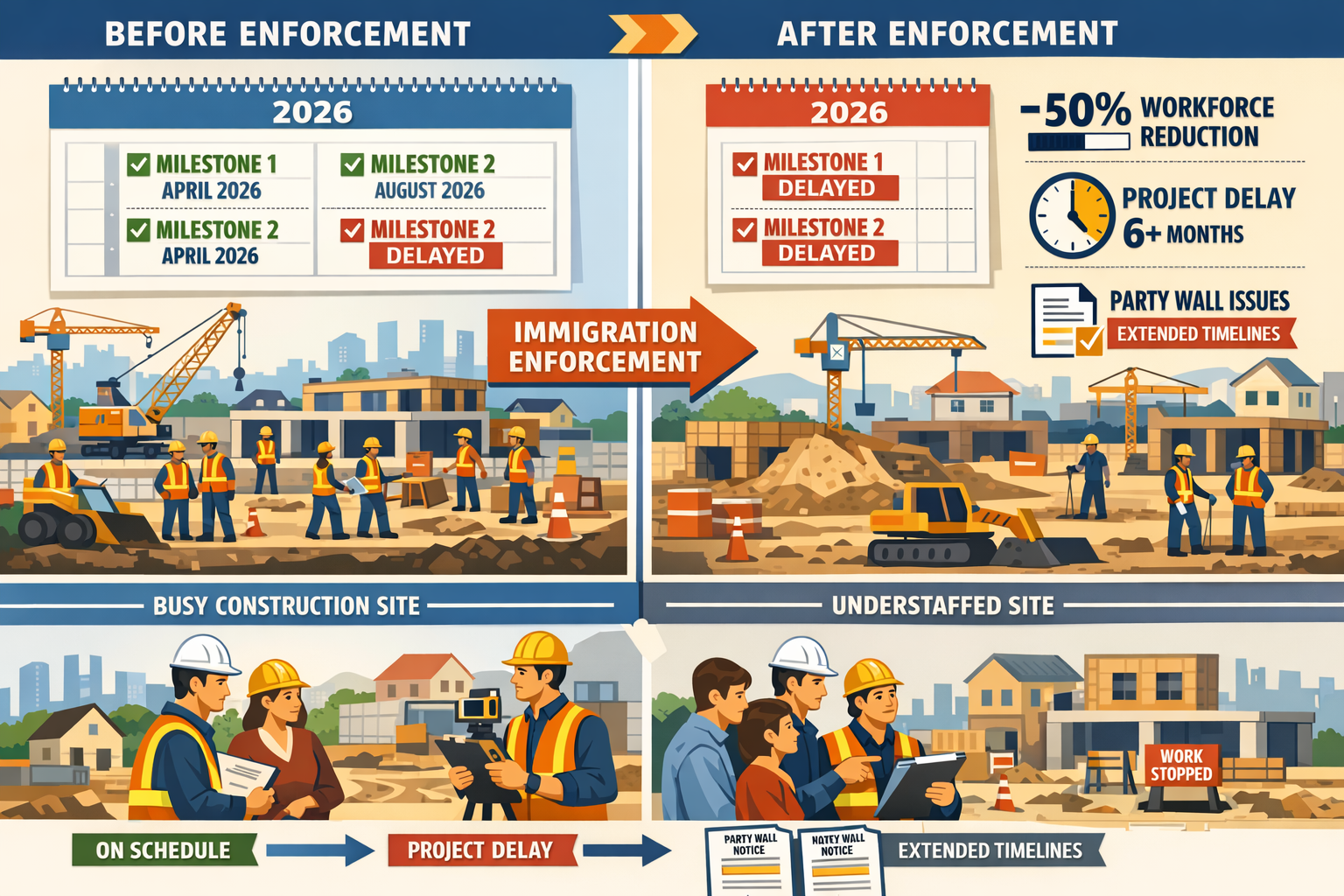 Detailed landscape format (1536x1024) illustration showing construction site timeline disruption infographic. Visual elements include: calen