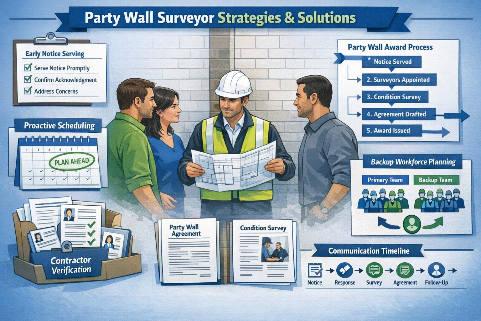 Detailed landscape format (1536x1024) visual guide showing party wall surveyor strategies and solutions. Central focus: professional surveyo