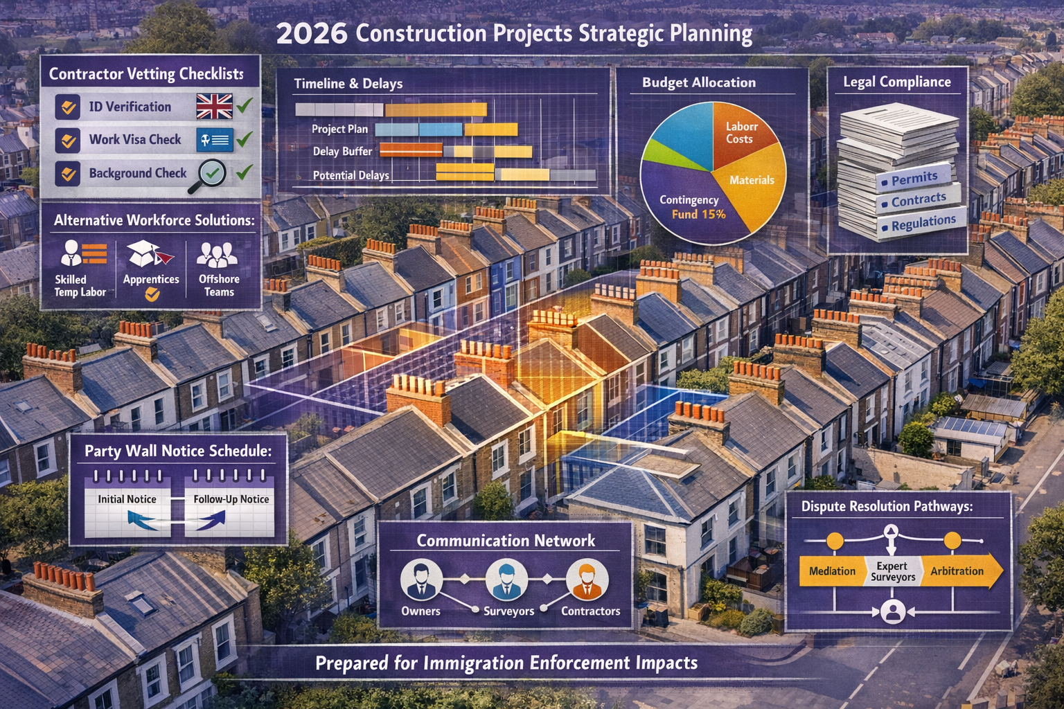 Detailed landscape format (1536x1024) strategic planning visualization for 2026 construction projects. Central image: overhead view of Londo