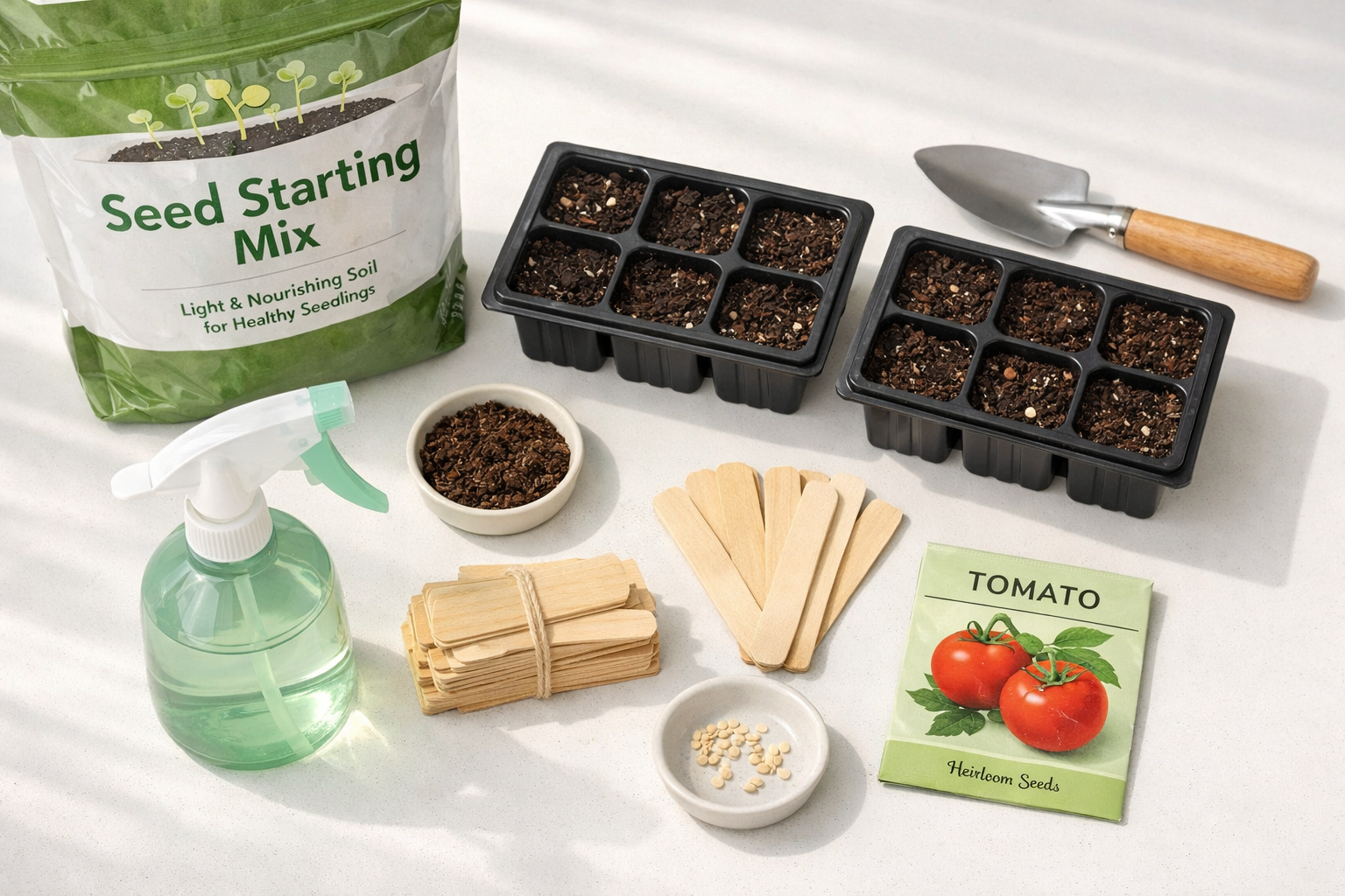 () detailed flat-lay overhead shot of a compact apartment table setup for indoor seed starting: small 6-cell seed trays, a