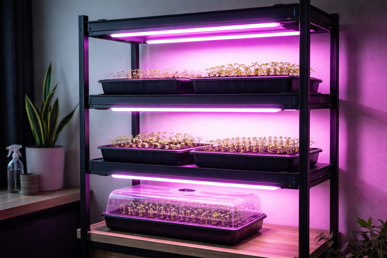 () close-up side-angle shot of compact grow light shelf unit against a white apartment wall, three tiers of seedling trays