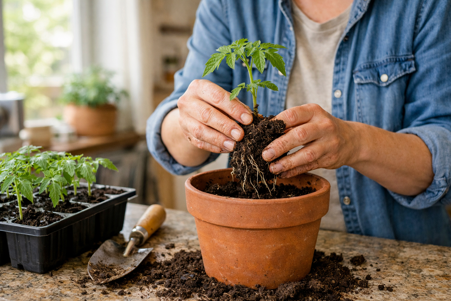 () eye-level shot of hands gently transplanting a small tomato seedling from a seed cell tray into a larger container pot on