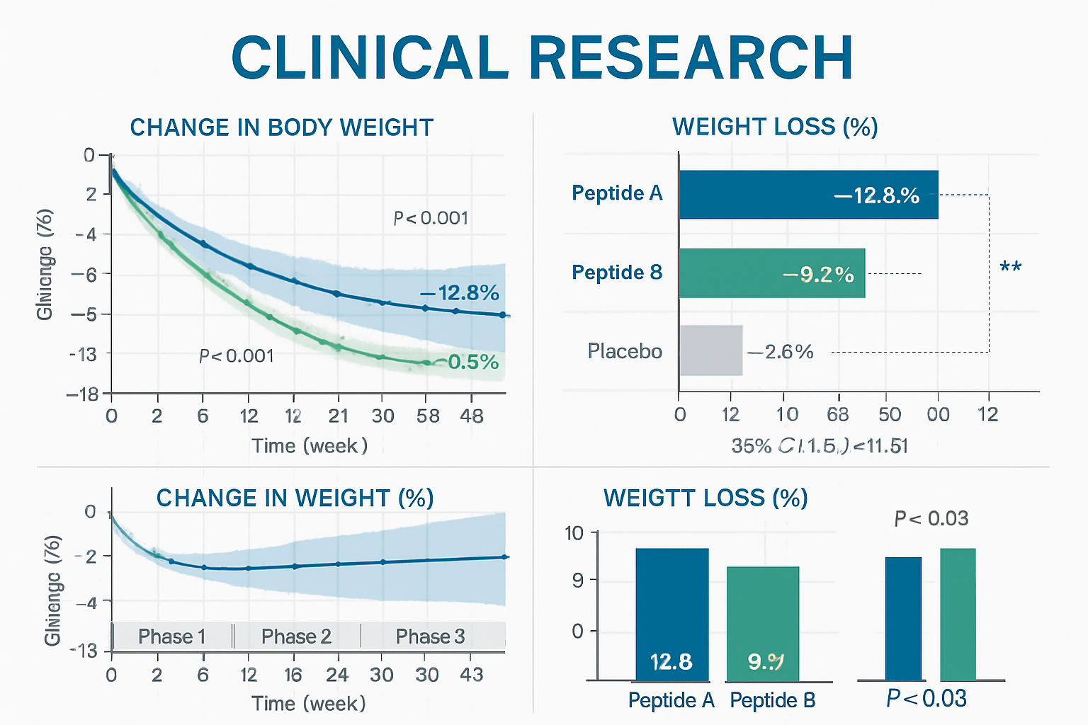 Clinical research data visualization featuring weight loss percentage charts, timeline graphs showing 48-week progression, and comparative b