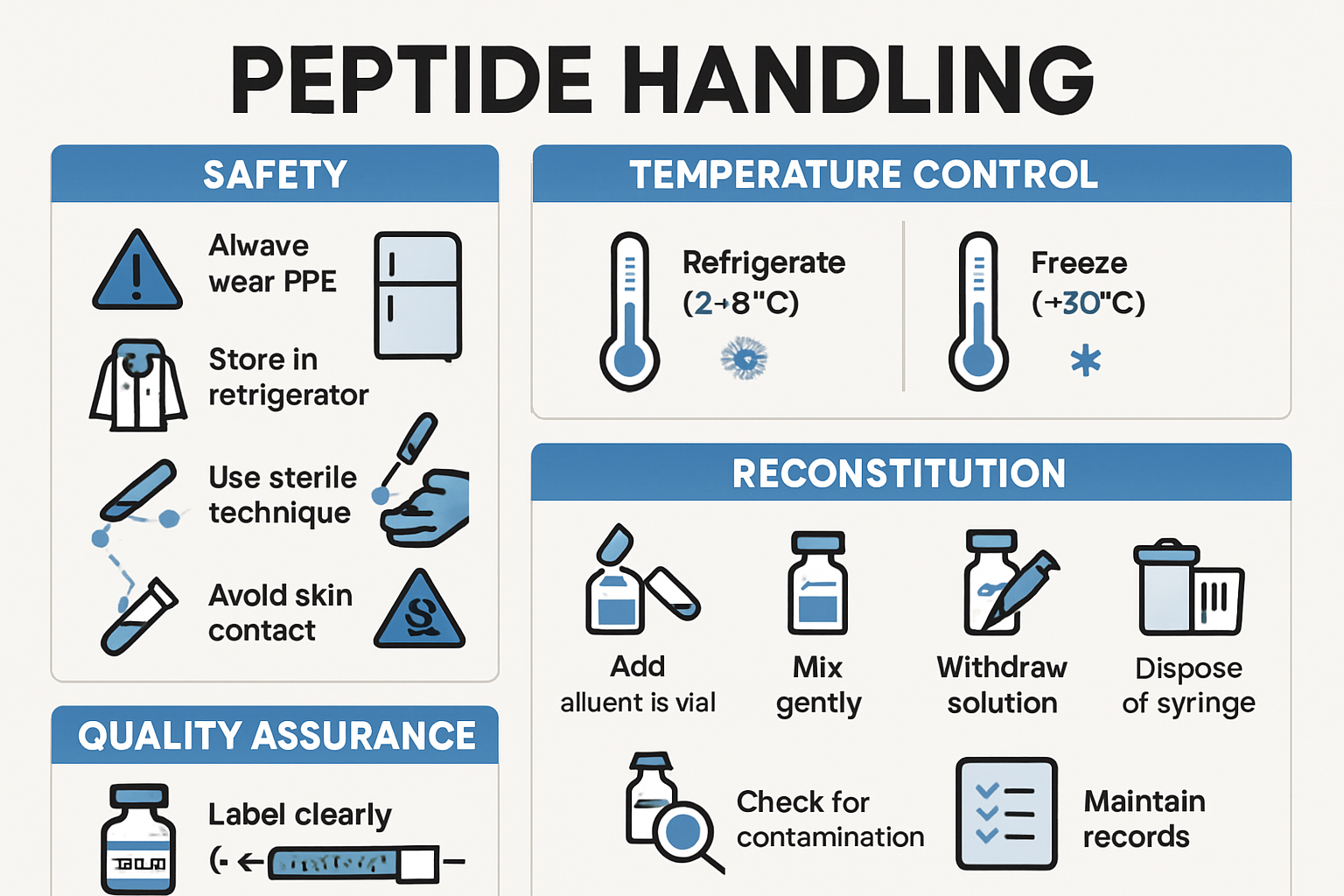 Laboratory safety and storage infographic showing proper peptide handling procedures, temperature control charts, reconstitution steps, and 