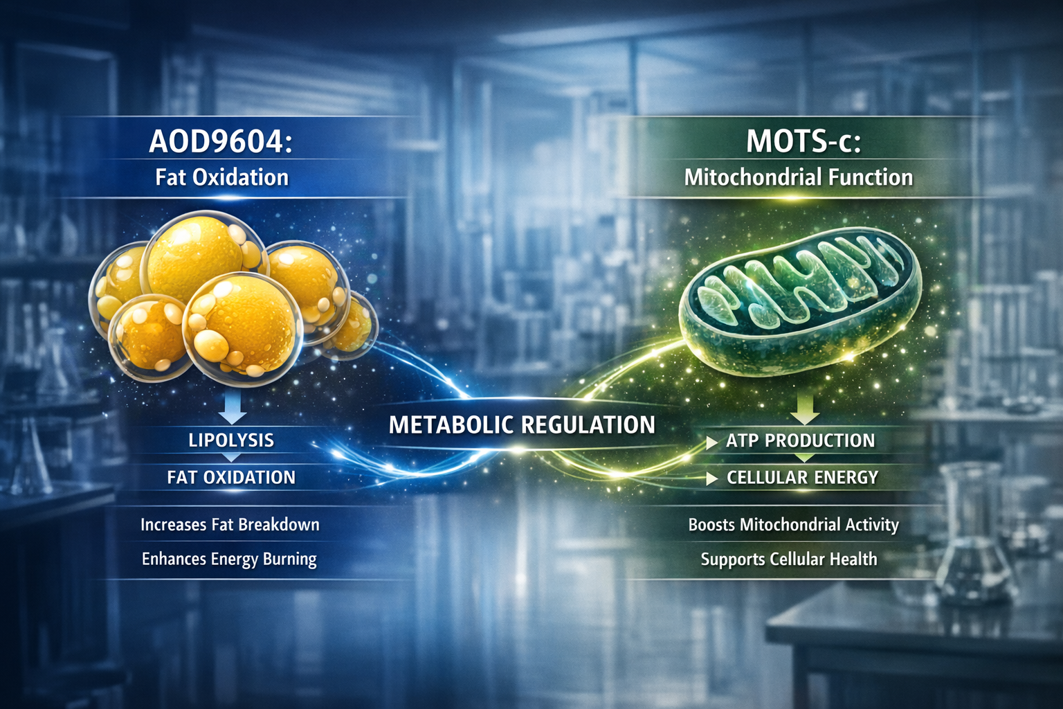 A visually compelling infographic demonstrating the distinct mechanisms of action for AOD9604 and MOTS-c, with separate sections detailing t
