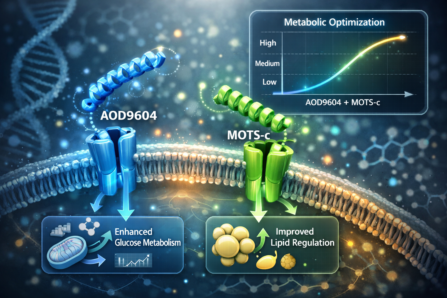 A detailed conceptual illustration depicting the synergistic effects of AOD9604 and MOTS-c within a cellular environment. Show stylized pept
