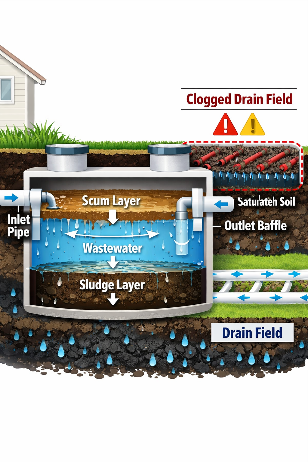 Portrait/Pinterest format () detailed illustration showing a cross-section diagram of a septic tank system with labeled