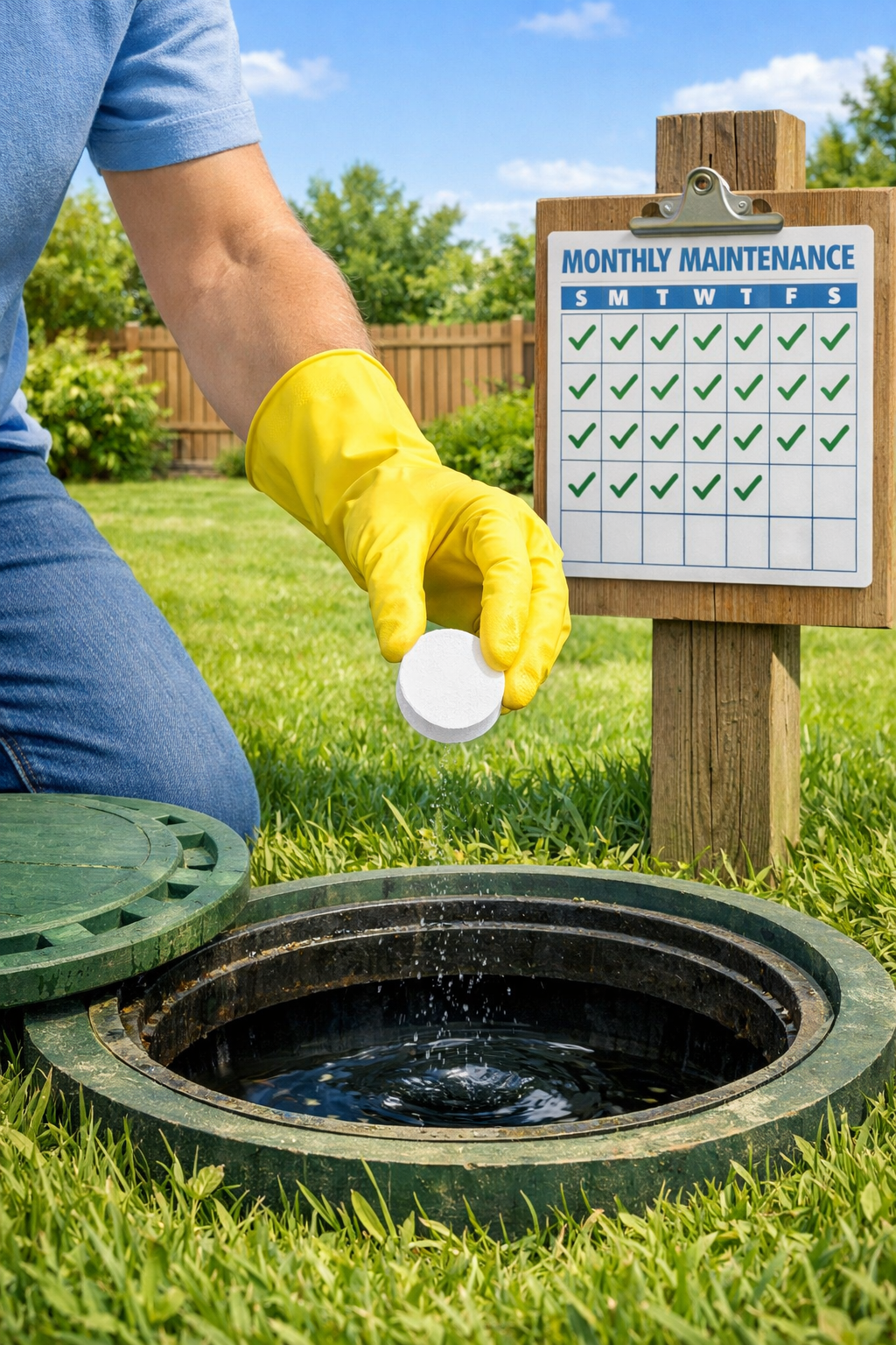 Portrait/Pinterest format () image of a homeowner in rubber gloves holding a monthly septic tablet (Septifix-style round