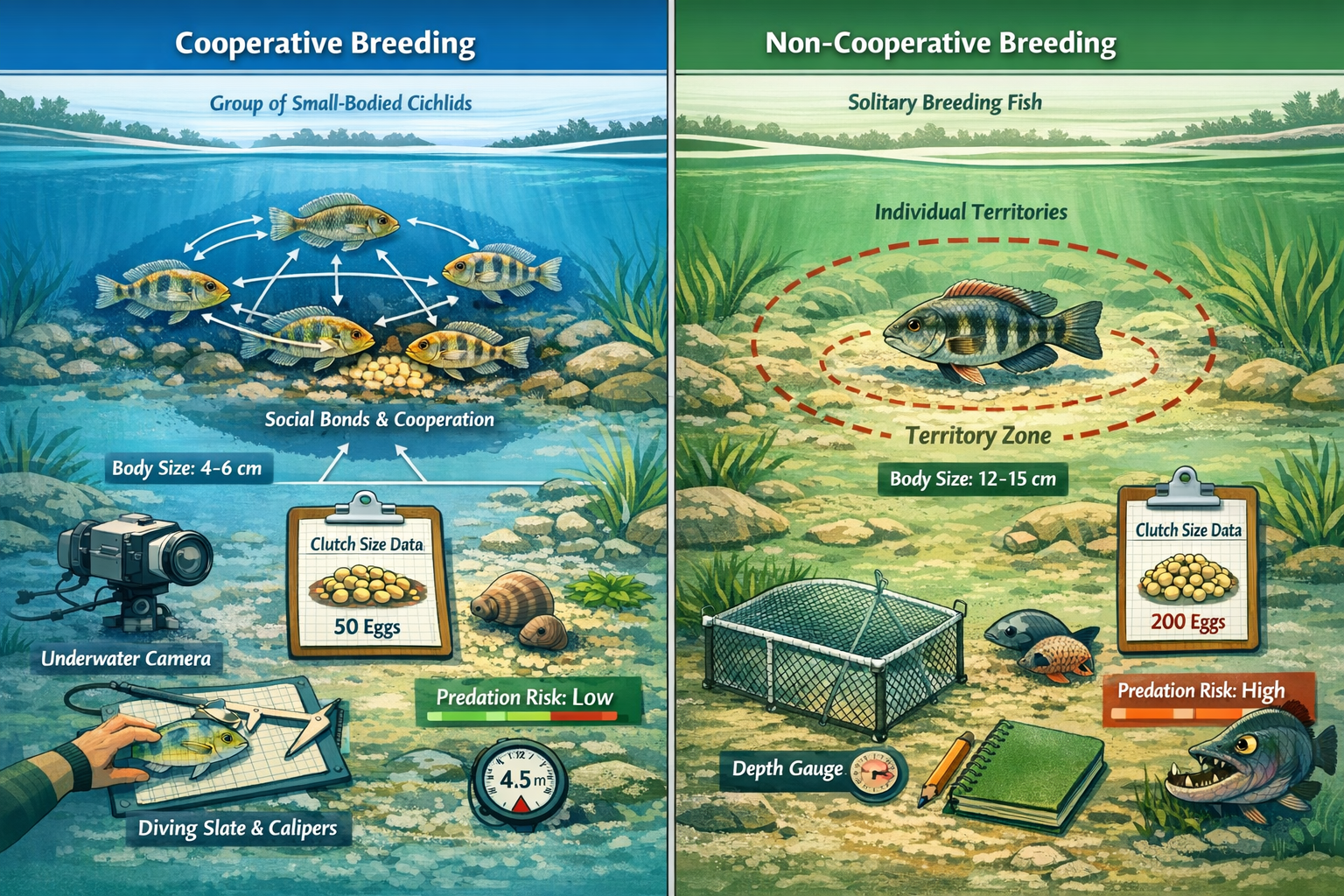 () detailed illustration showing split-screen comparison of cooperative versus non-cooperative breeding fish species in