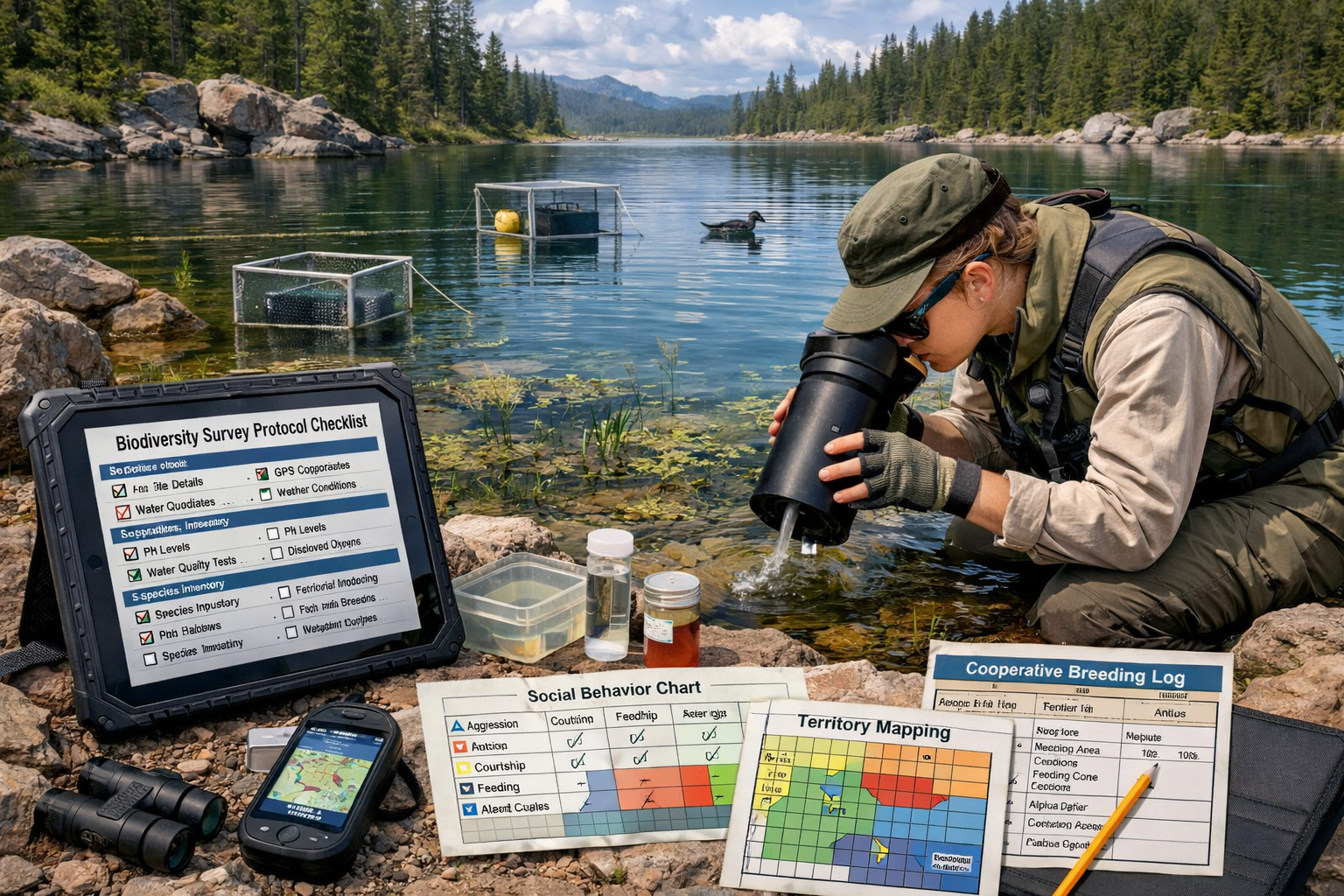 () image depicting biodiversity surveyor conducting field research on lake shoreline with comprehensive protocol checklist