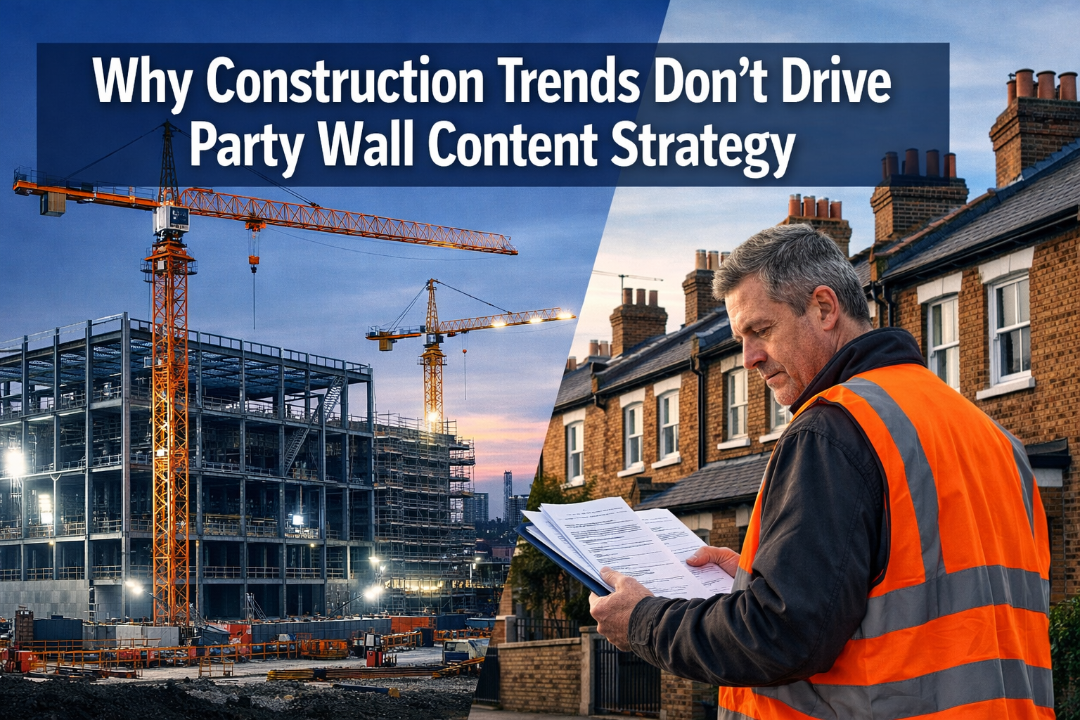 Professional () editorial hero image featuring 'Why Construction Trends Don't Drive Party Wall Content Strategy' in extra