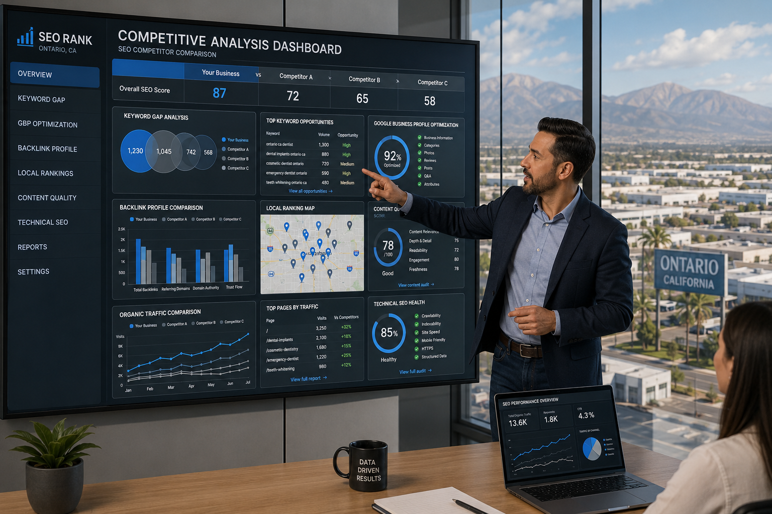 Detailed () showing a competitive analysis dashboard scene set in a modern Ontario CA office environment. A large monitor