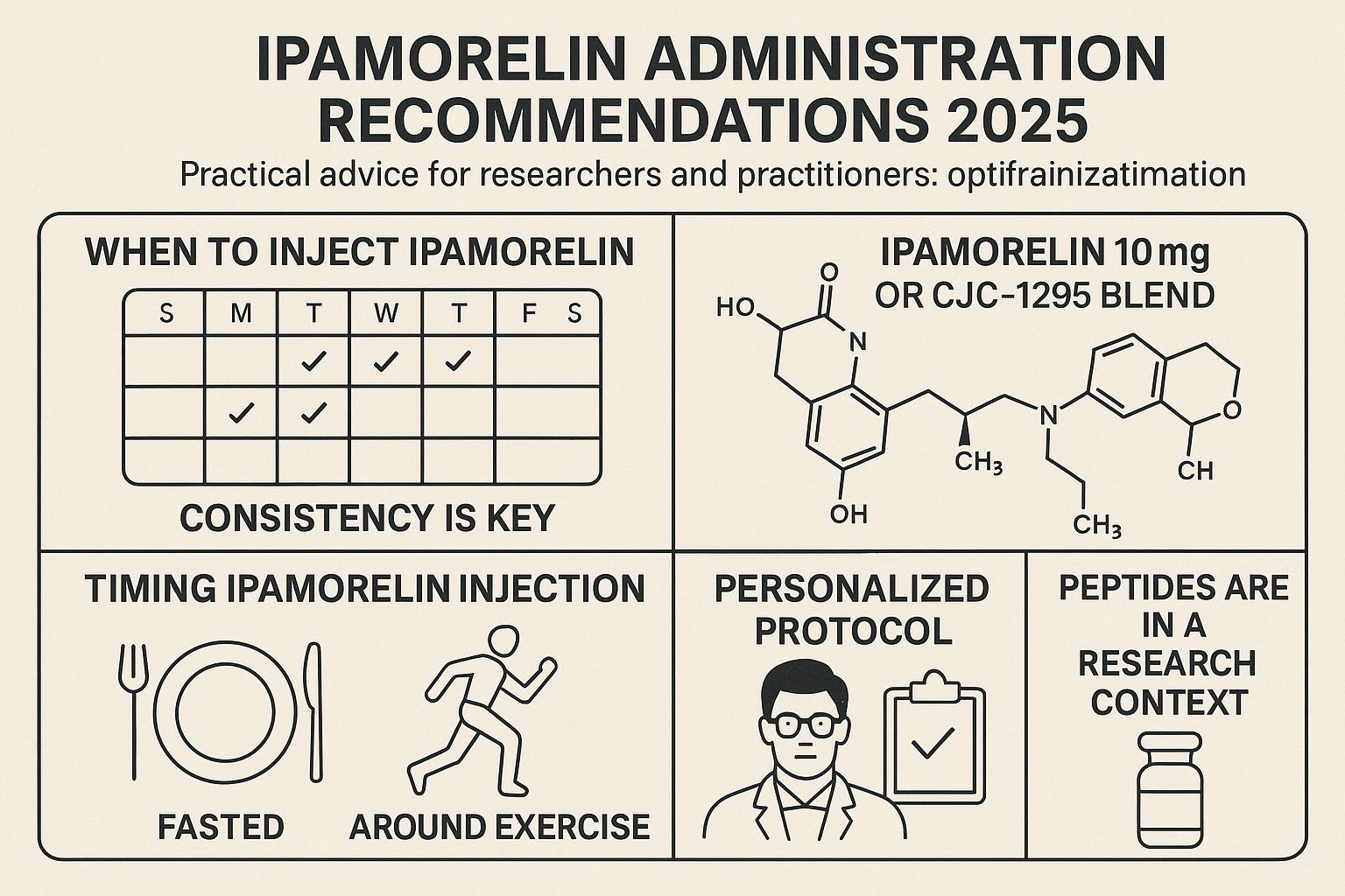 A multi-panel graphic detailing the practical considerations and advanced strategies for optimizing Ipamorelin administration. One panel sho