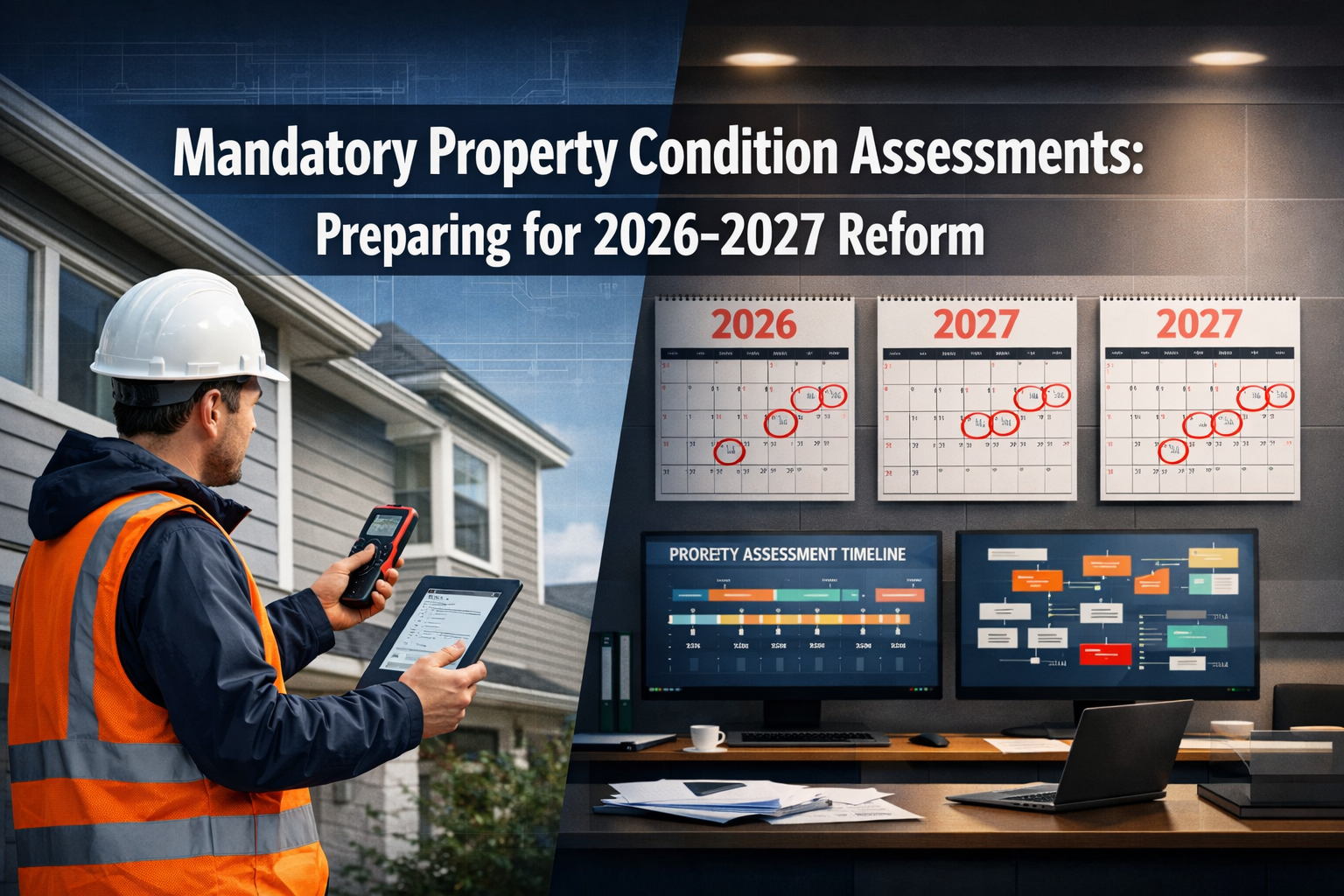 Professional () style hero image featuring extra large 'Mandatory Property Condition Assessments: Preparing for 2026-2027