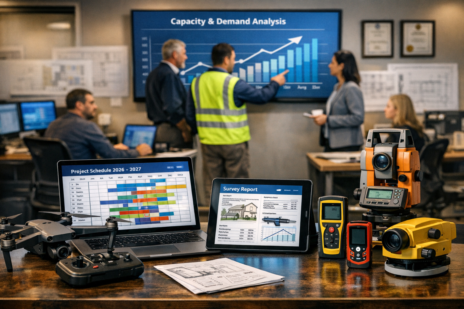 () professional photograph of modern surveying technology and capacity planning scene. Foreground shows chartered surveyor's