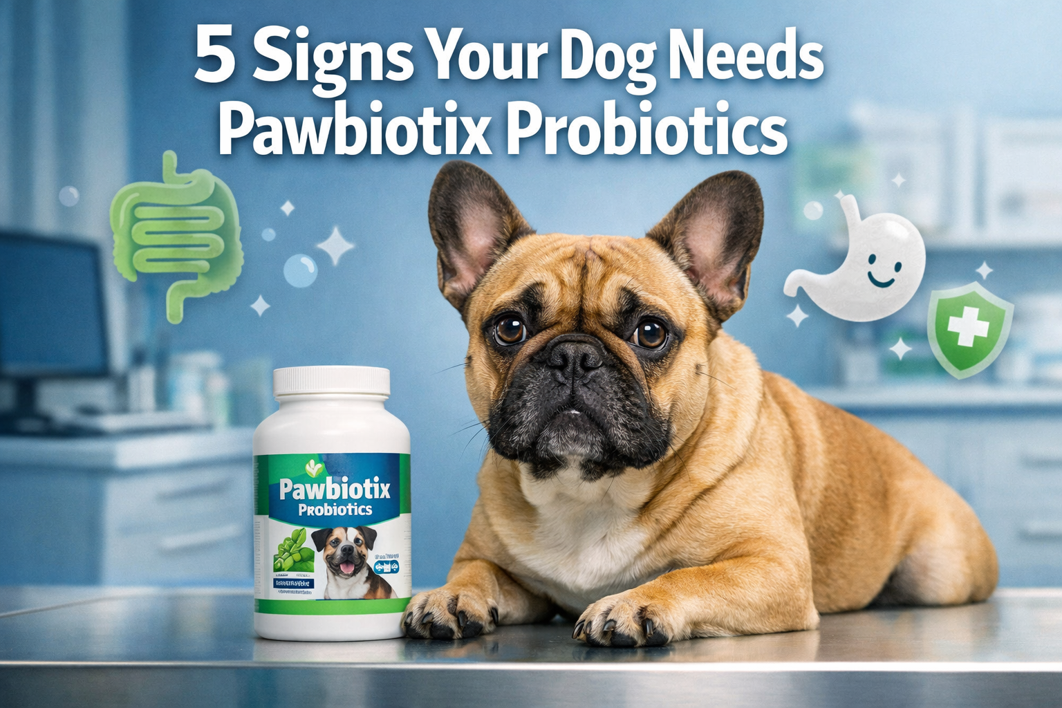 Professional landscape format (1536x1024) hero image featuring bold text overlay '5 Signs Your Dog Needs Pawbiotix Probiotics' in extra larg