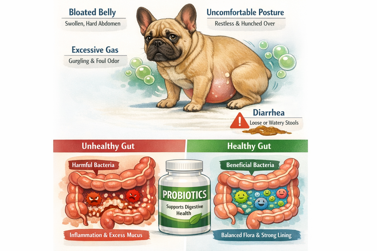 Portrait format (1024x1536) infographic showing French Bulldog with visible digestive distress symptoms - bloated belly, uncomfortable postu