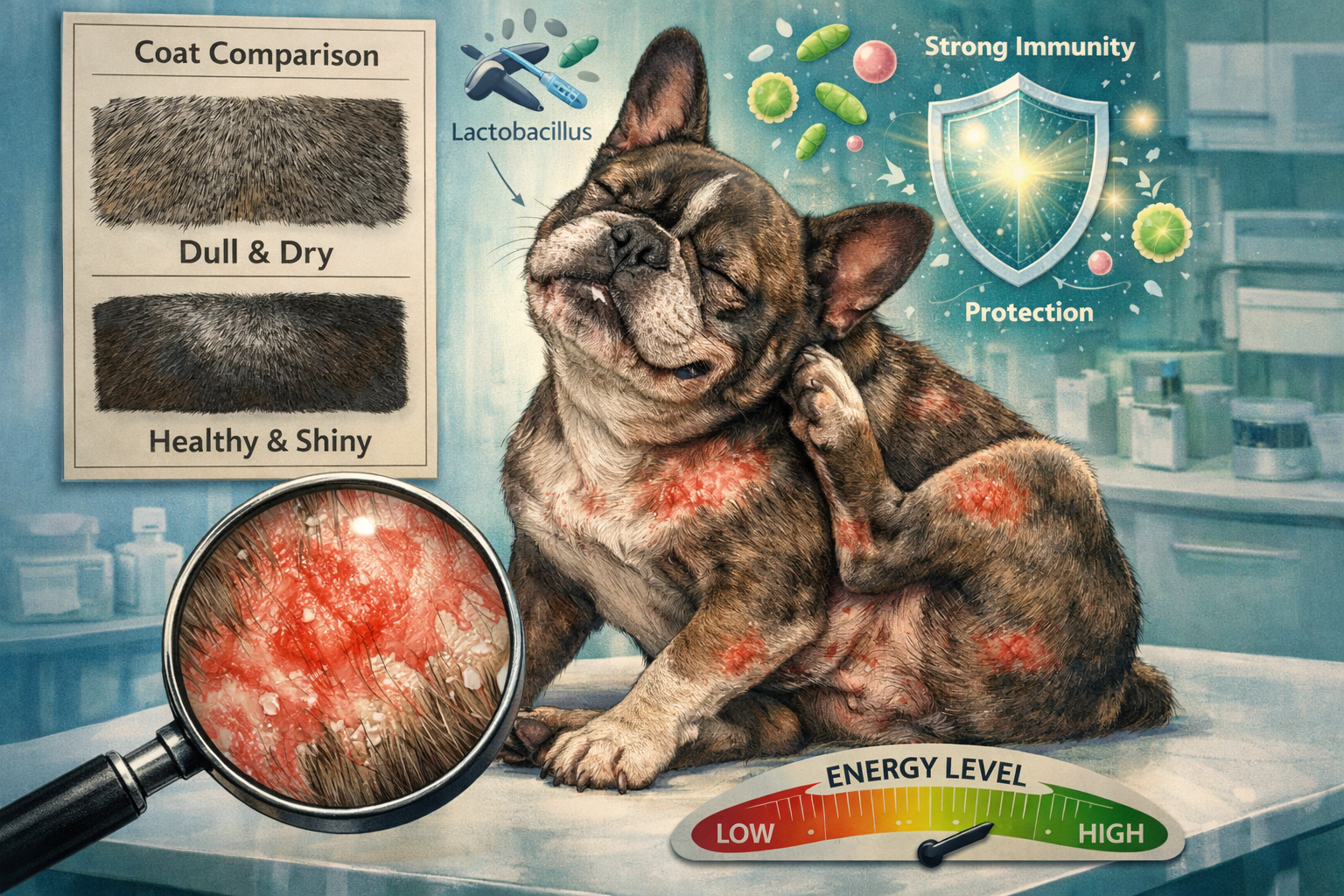 Portrait format (1024x1536) detailed illustration of French Bulldog scratching intensely with visible skin irritation, redness patches, dull