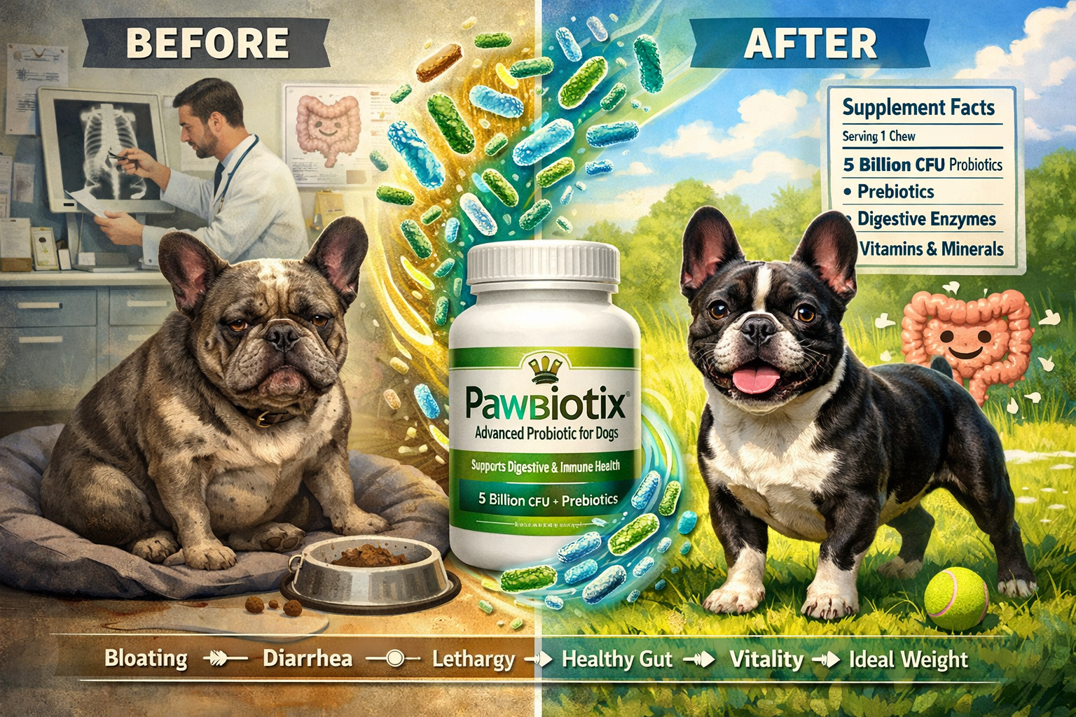 Portrait format (1024x1536) comprehensive wellness transformation scene showing before/after French Bulldog comparison - left side shows let