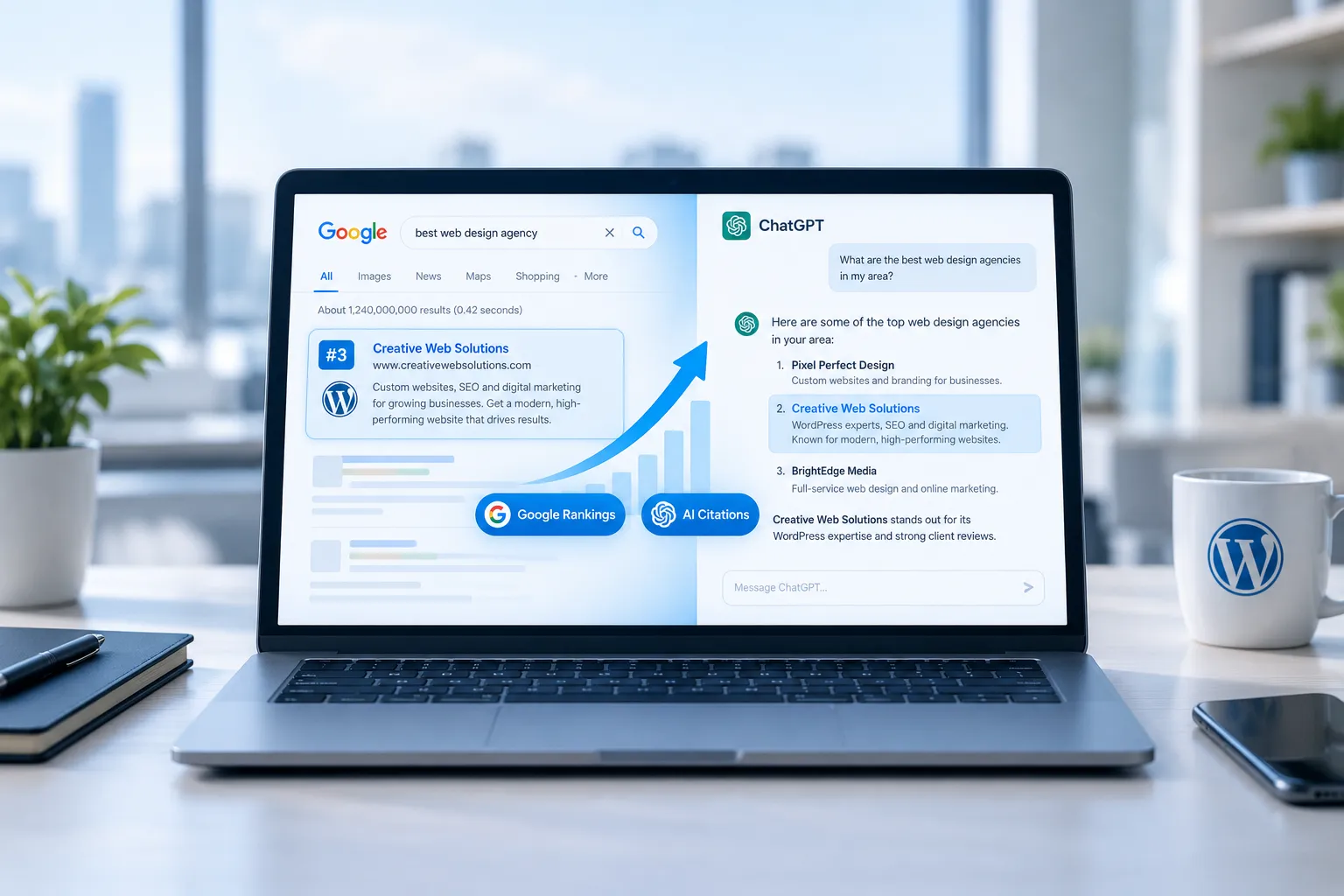 A professional dashboard-style hero image showing a WordPress website displayed on a laptop screen, with a split visual: one