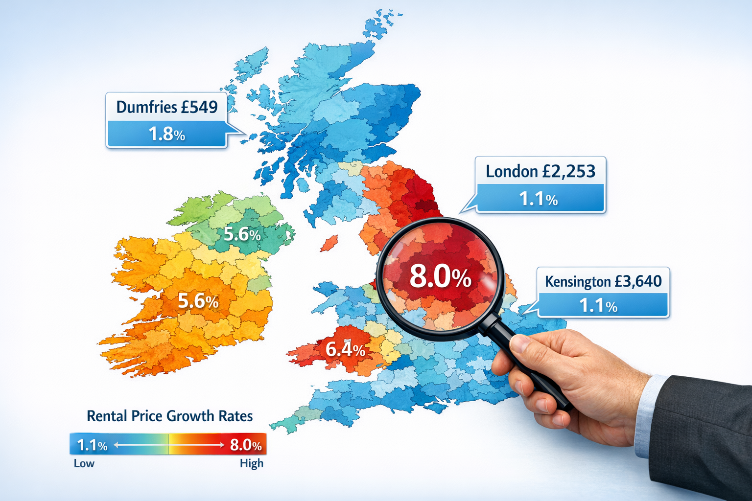 () detailed UK map visualization showing regional rental price variations: heat map of England, Wales, Scotland, and