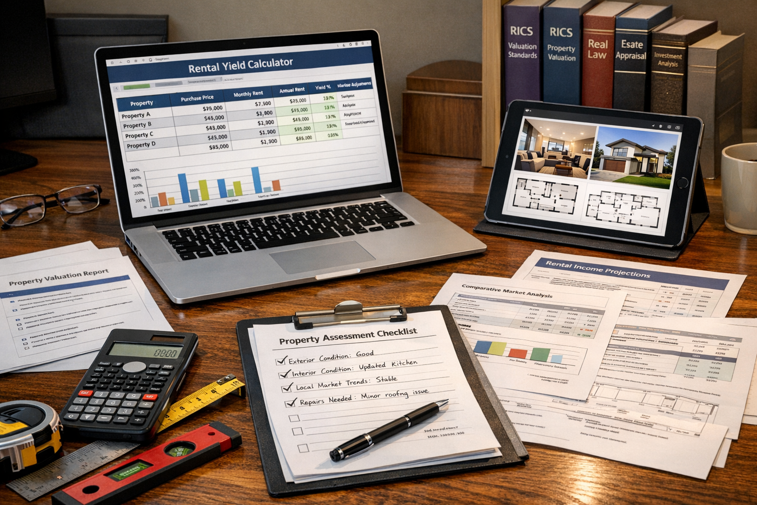 () professional surveyor workspace scene: modern desk with multiple property valuation documents spread out, laptop