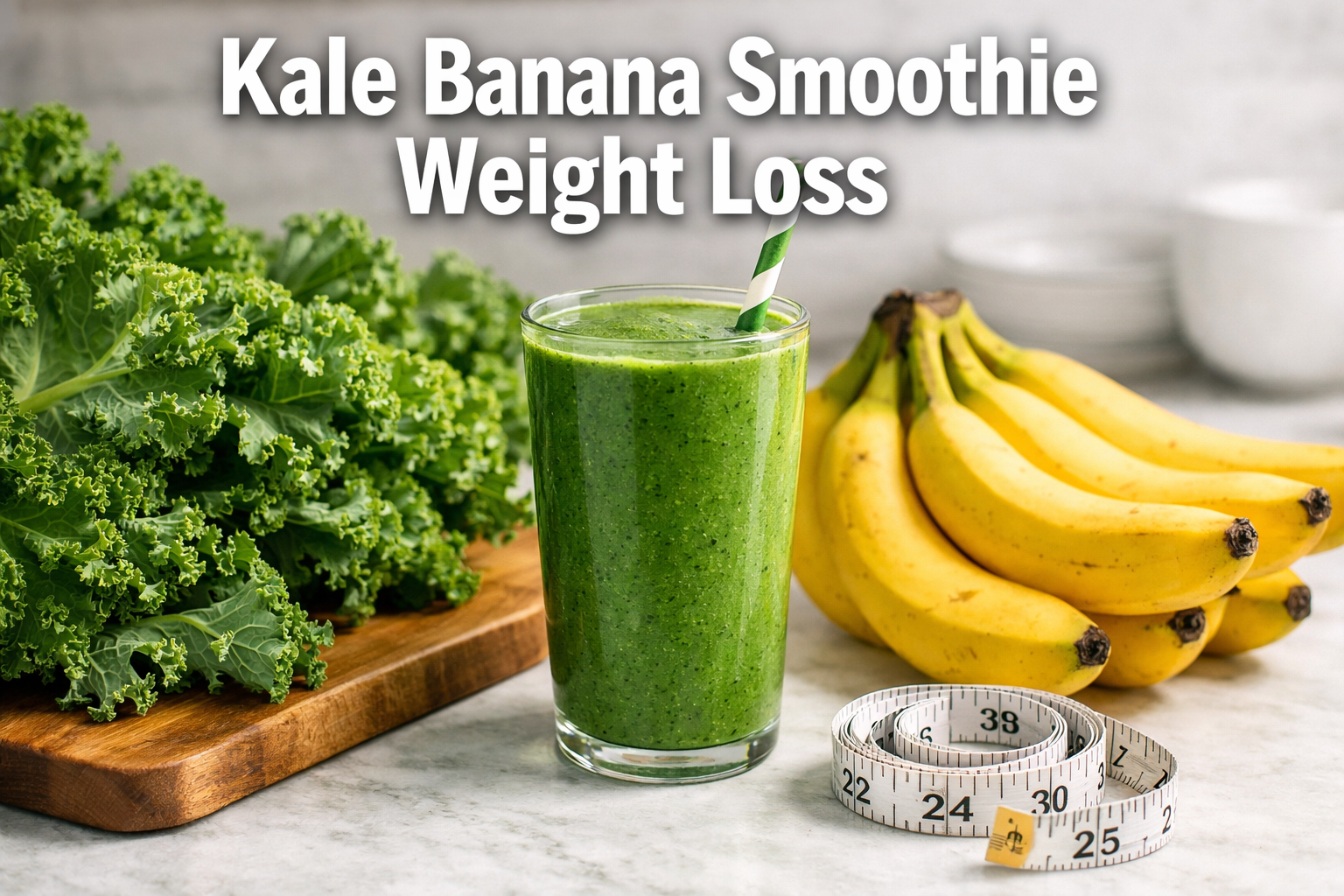 Professional landscape hero image (1536x1024) featuring bold text overlay 'Kale Banana Smoothie Weight Loss' in extra large 70pt white sans-