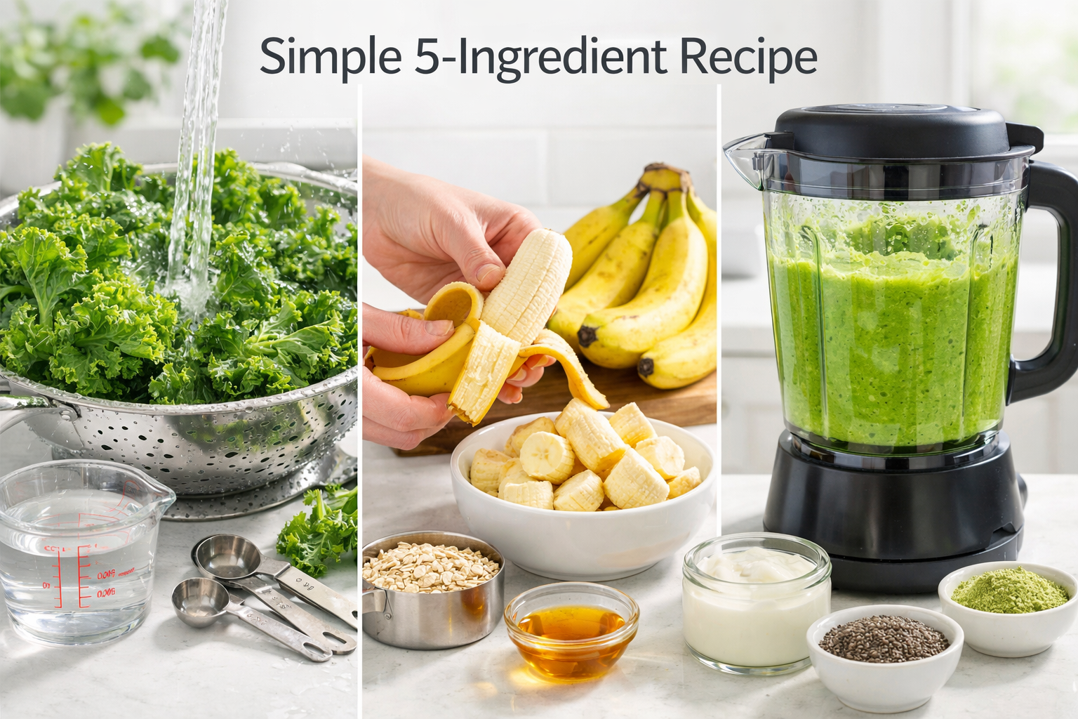 Detailed landscape image (1536x1024) showing step-by-step kale banana smoothie preparation process. Split composition featuring fresh kale l
