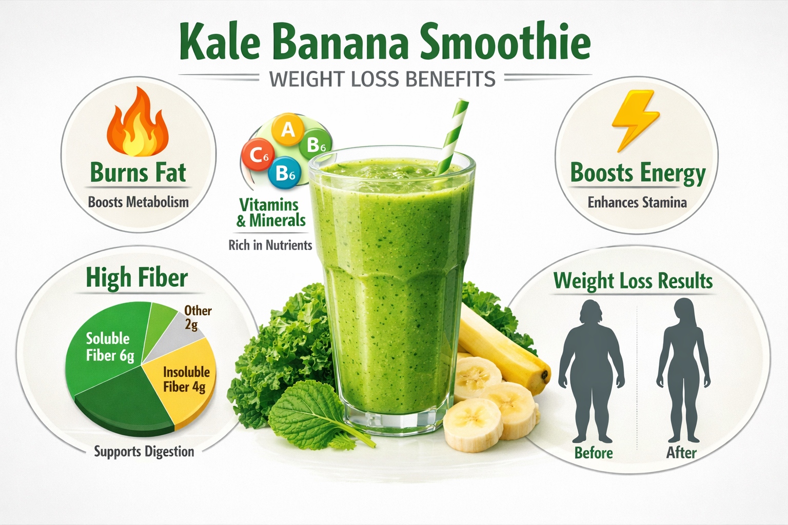Comprehensive landscape infographic (1536x1024) displaying kale banana smoothie weight loss benefits in organized sections. Central large gl
