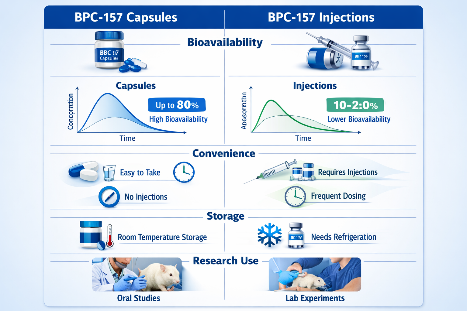 Comparative analysis infographic displaying BPC-157 capsule advantages versus injection methods, featuring side-by-side visual comparison ch