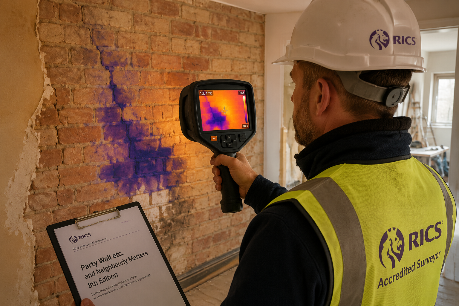 Detailed () editorial illustration showing a RICS-accredited surveyor in a hard hat and hi-vis vest holding a professional
