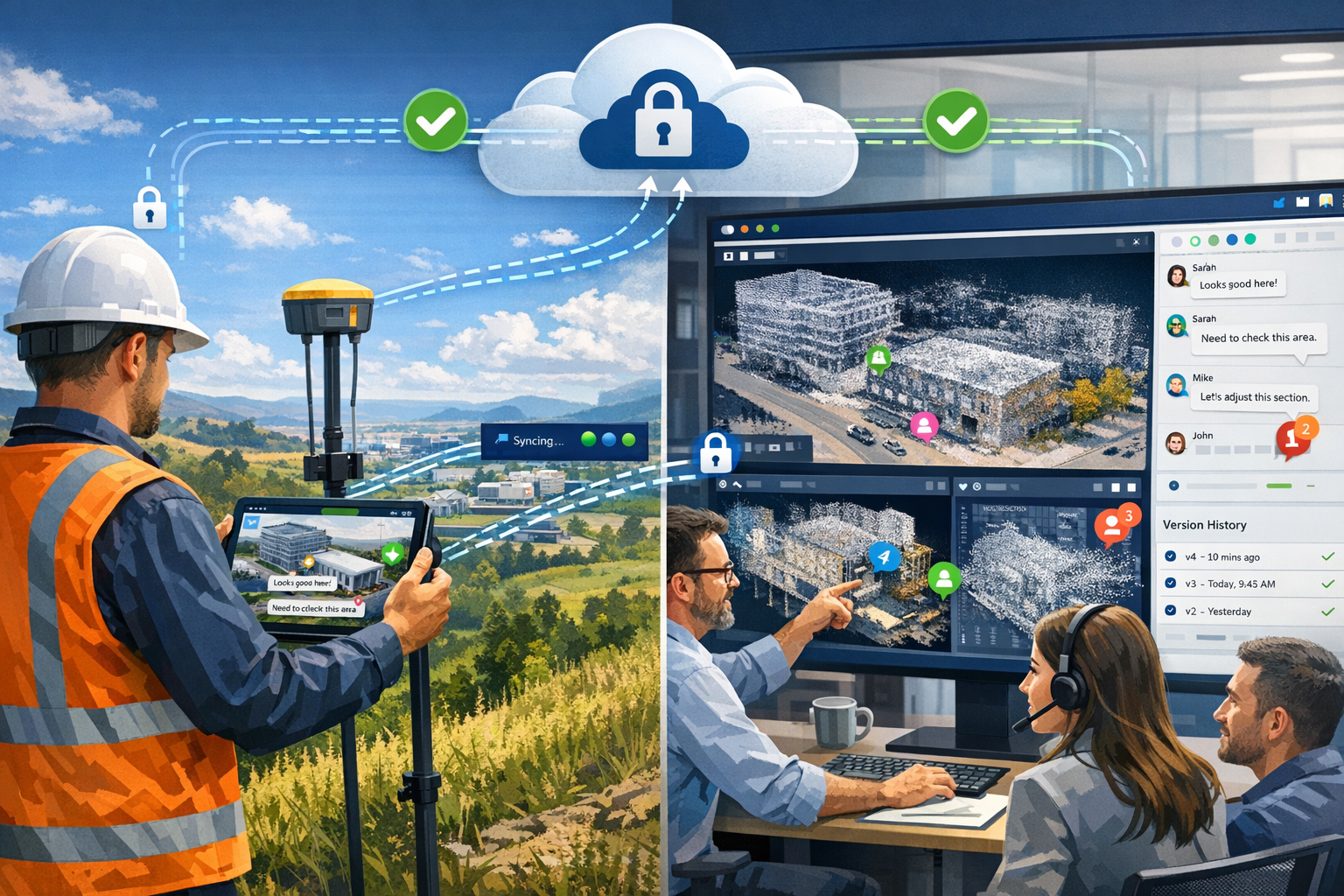 Detailed landscape format (1536x1024) illustration showing cloud-based survey platform interface with multiple browser windows displaying 3D