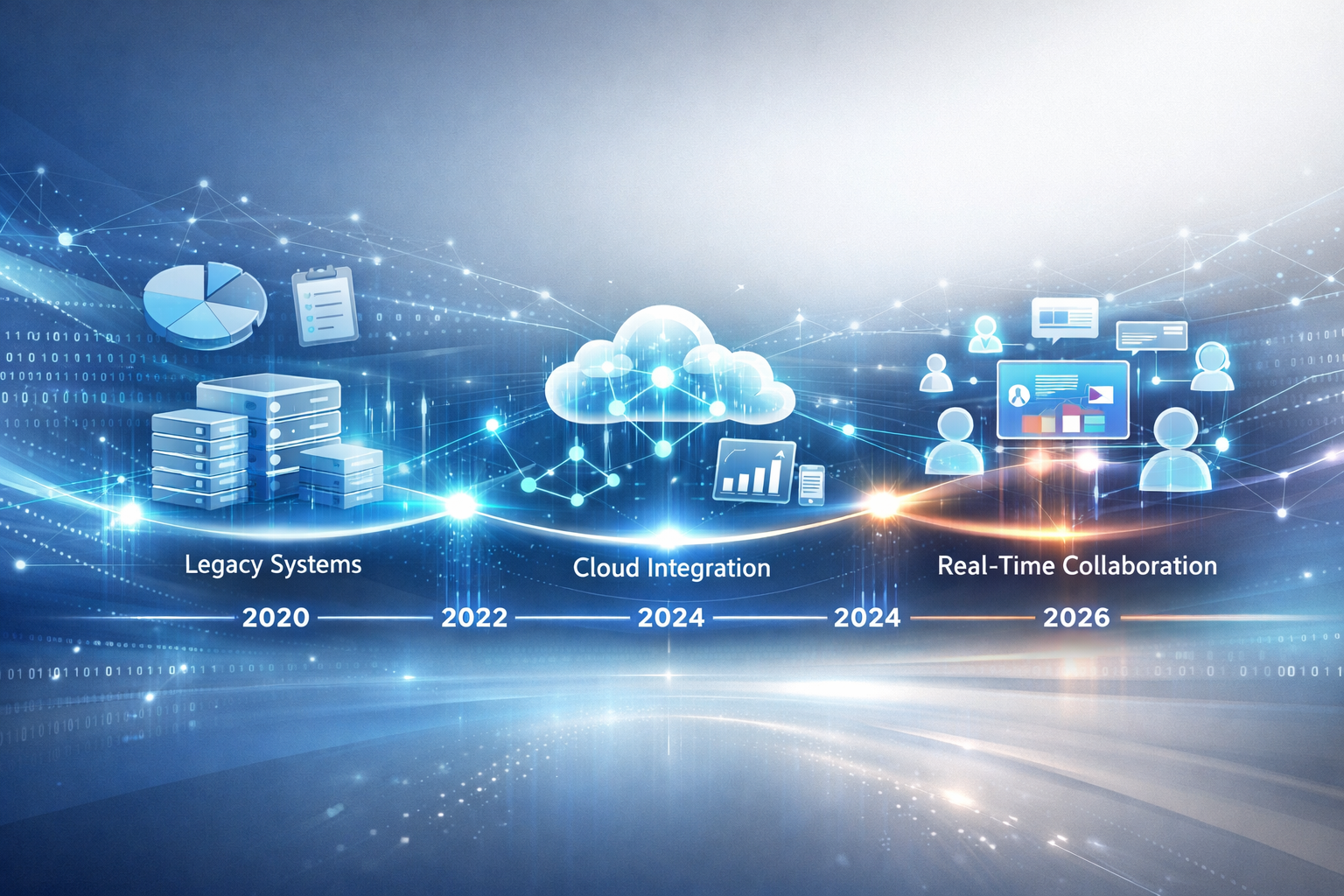 A dynamic, futuristic infographic illustrating the evolution of survey data management from 2020 to 2026, showcasing technological progressi