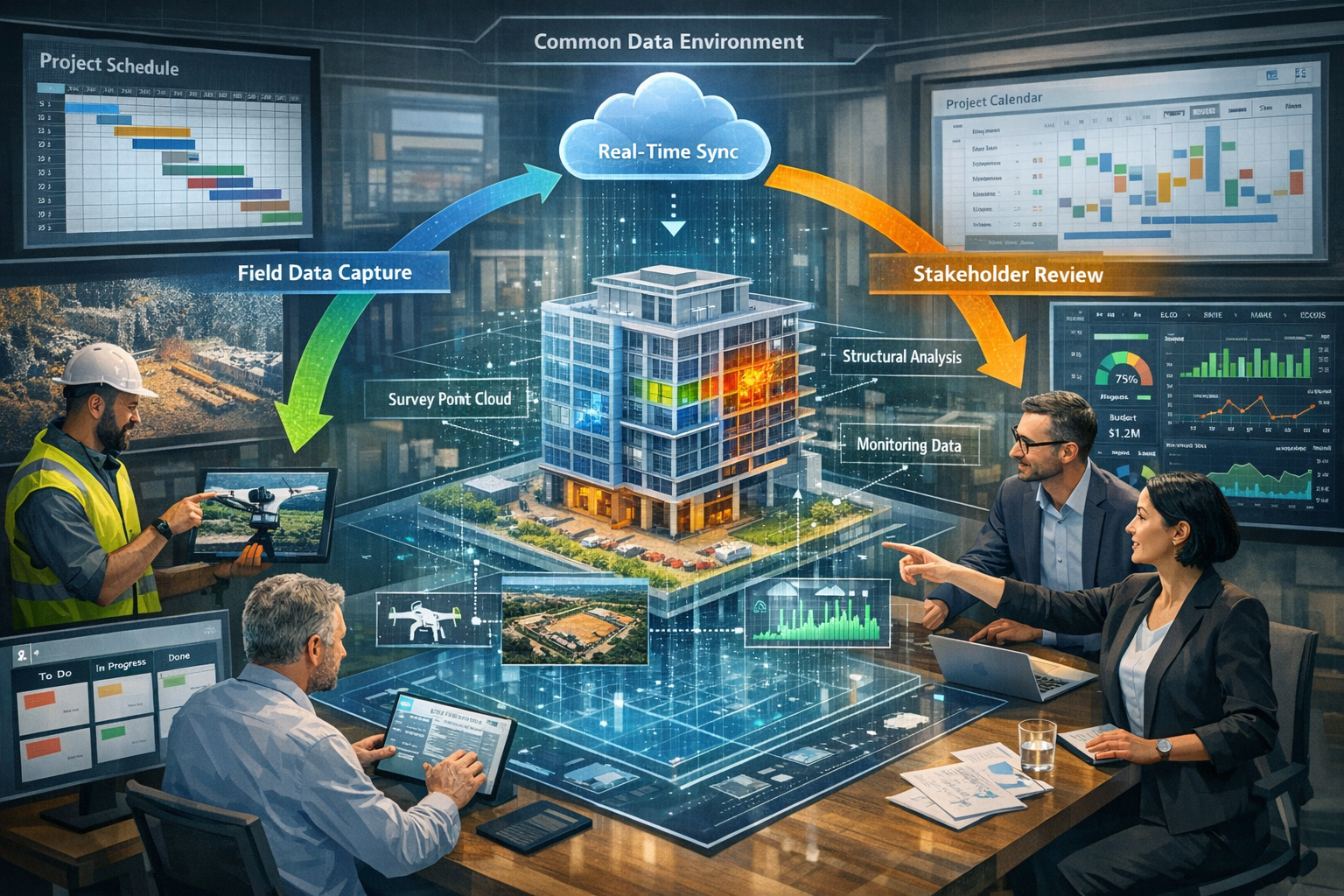 Detailed landscape format (1536x1024) visualization of Common Data Environment (CDE) workflow for surveying projects. Central 3D building in