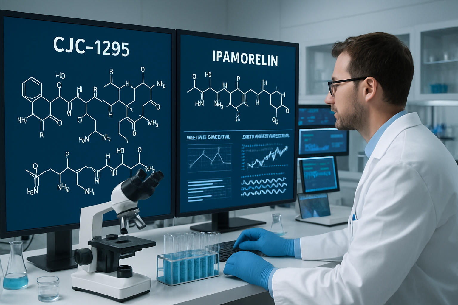 Scientific laboratory setting showing molecular structure diagrams of CJC-1295 and Ipamorelin peptides on digital screens, research equipmen