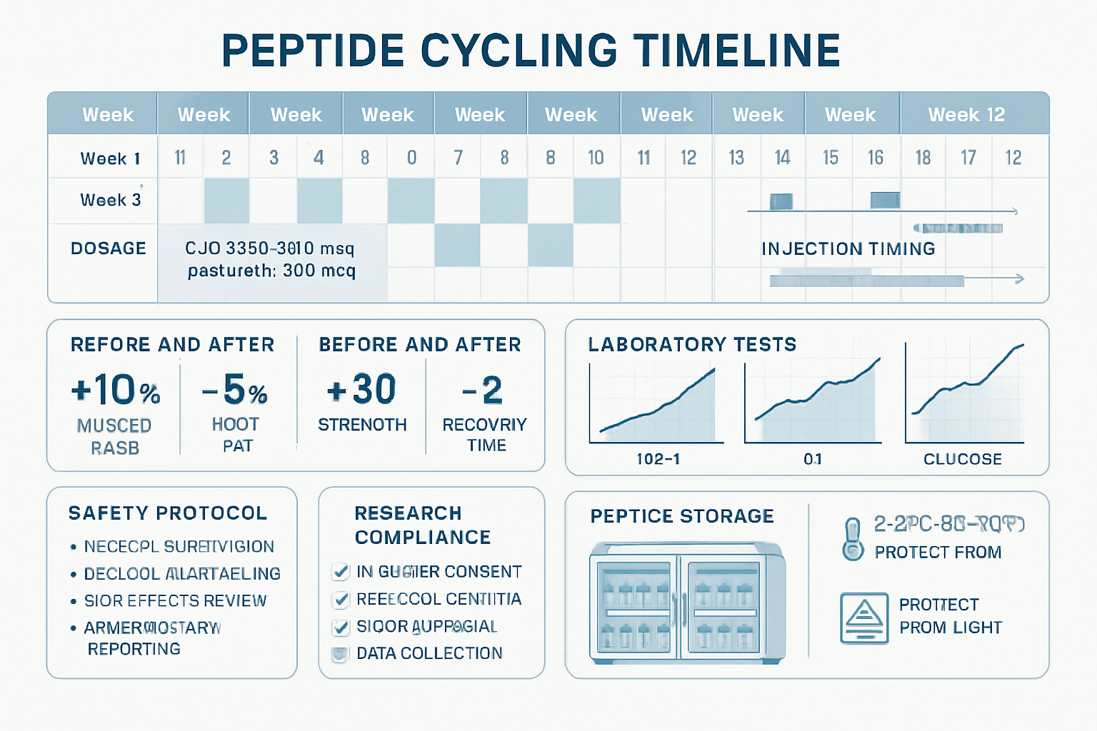 Detailed infographic showing peptide cycling timeline with calendar layout, CJC-1295 and Ipamorelin dosage schedules, injection timing chart