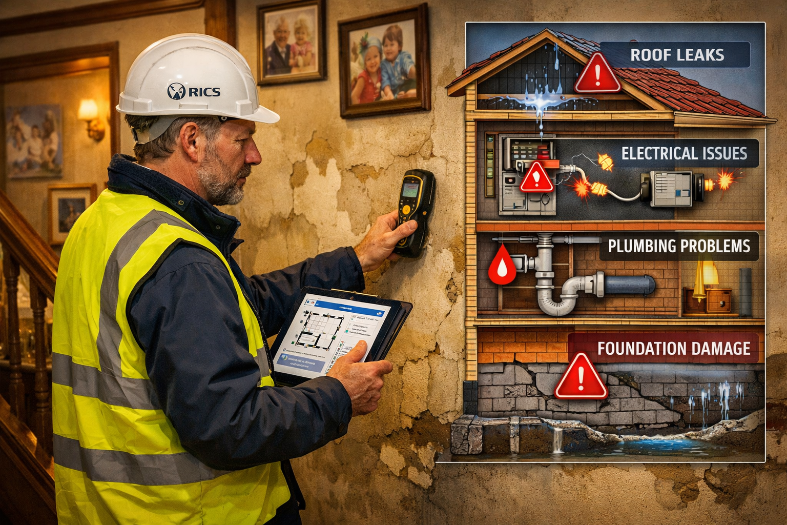 Detailed () image showing professional RICS chartered surveyor conducting comprehensive building inspection inside spacious