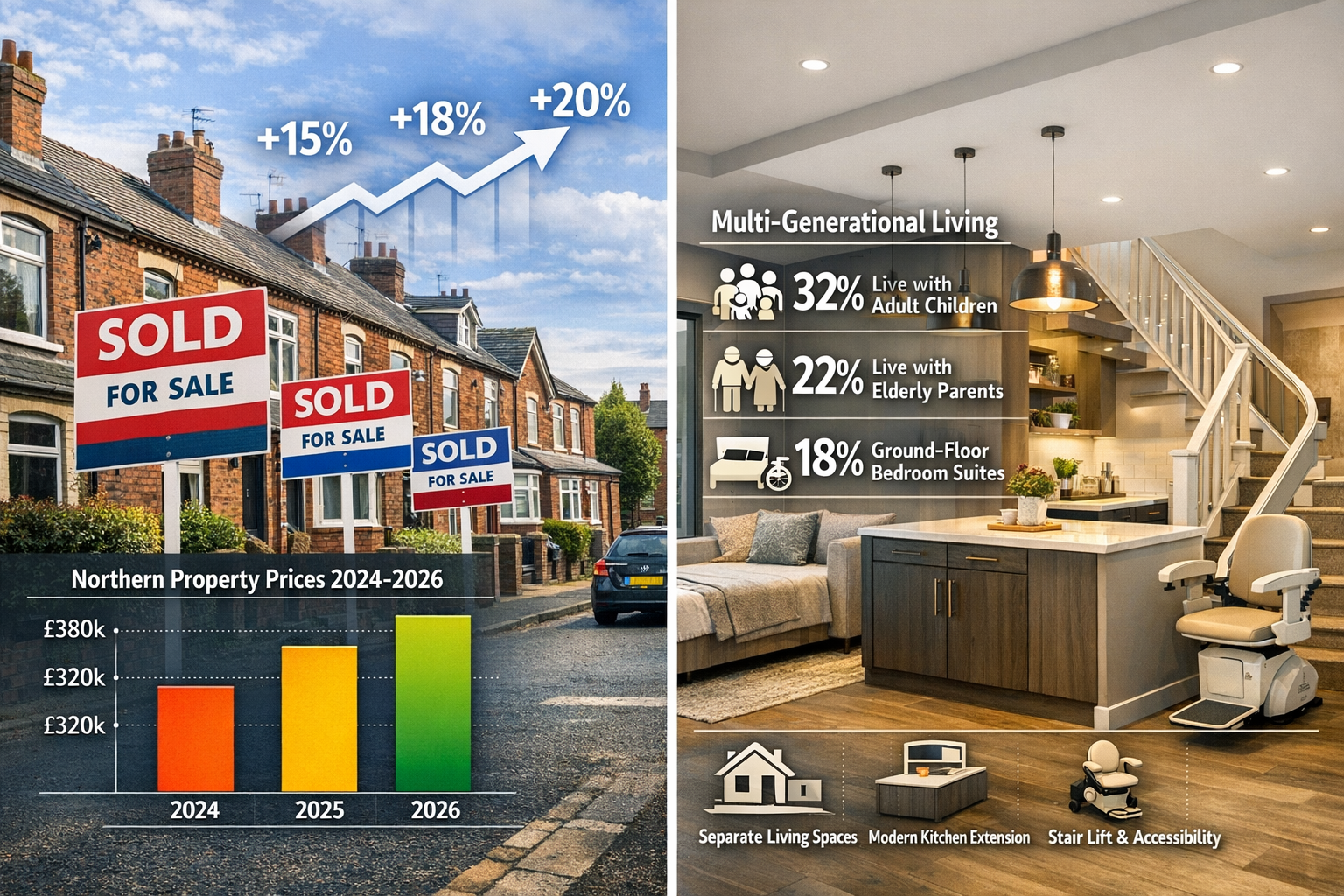 Detailed () split-screen comparison image showing Northern England property market trends. Left side displays traditional