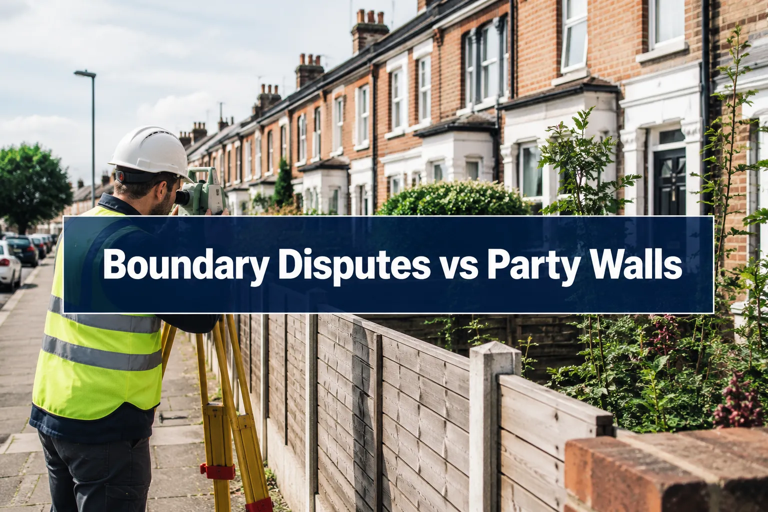 Professional () hero image with (≤42 chars): 'Boundary Disputes vs Party Walls' in crisp white on a deep navy