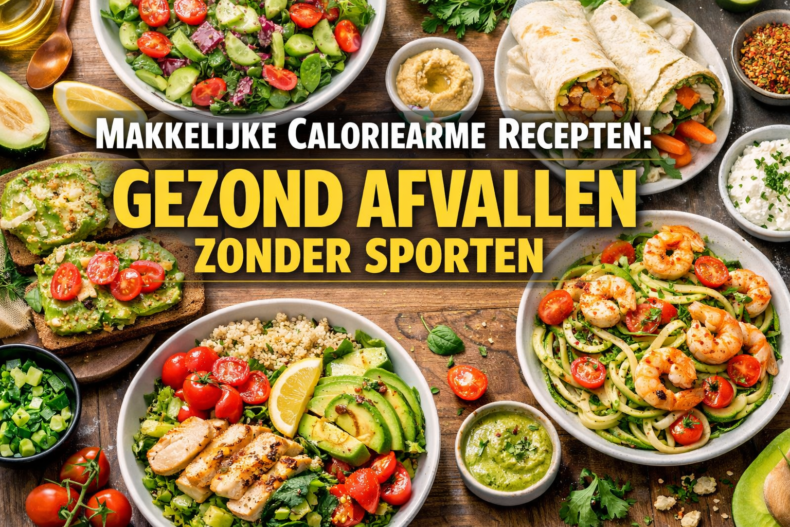 Professional landscape hero image (1536x1024) with bold text overlay: "Makkelijke Caloriearme Recepten: Gezond Afvallen Zonder Sporten". Mod