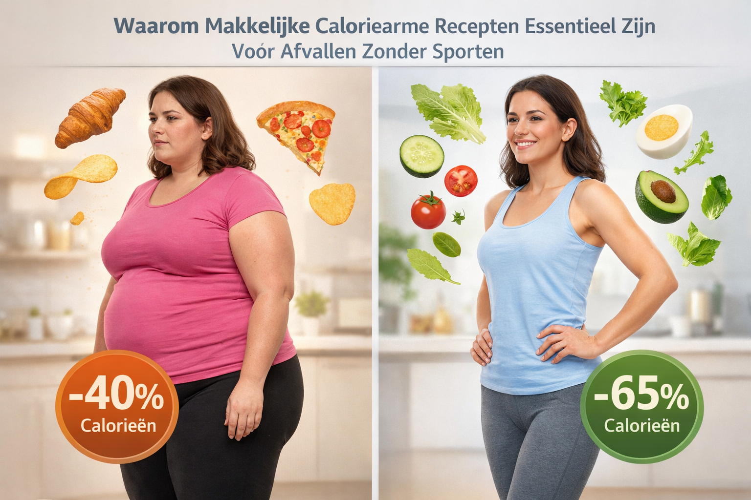 Photorealistic editorial image illustrating 'Waarom Makkelijke Caloriearme Recepten Essentieel Zijn Voor Afvallen Zonder Sporten' - split sc
