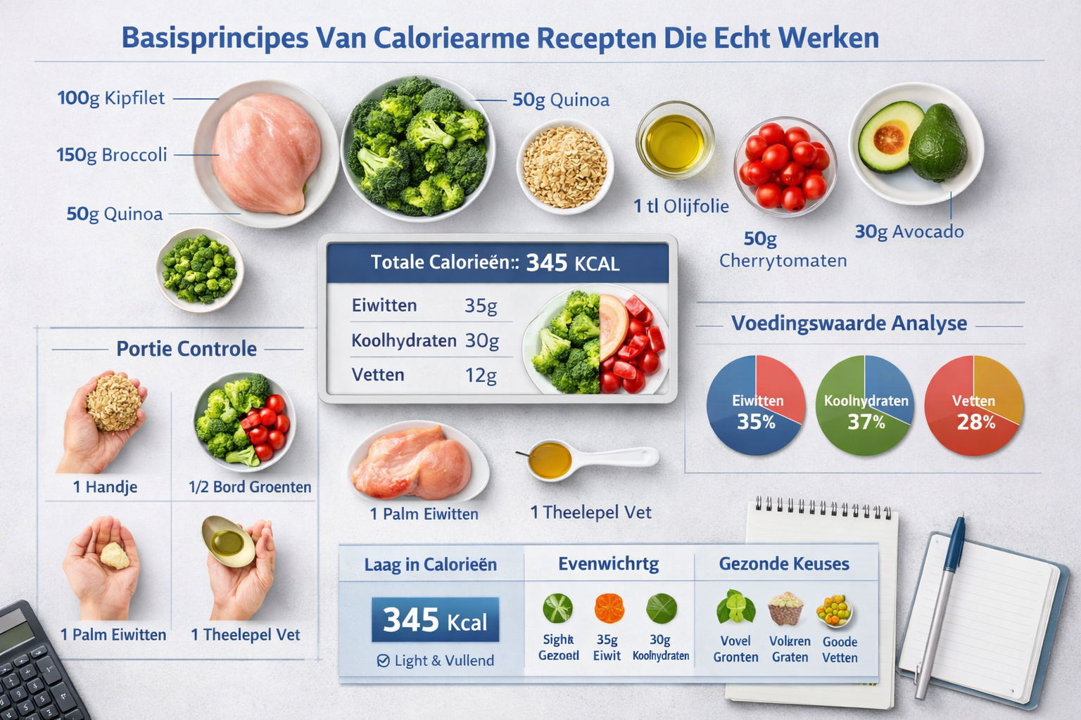 Comprehensive visual guide demonstrating 'Basisprincipes Van Caloriearme Recepten Die Echt Werken' - overhead shot of kitchen workspace with